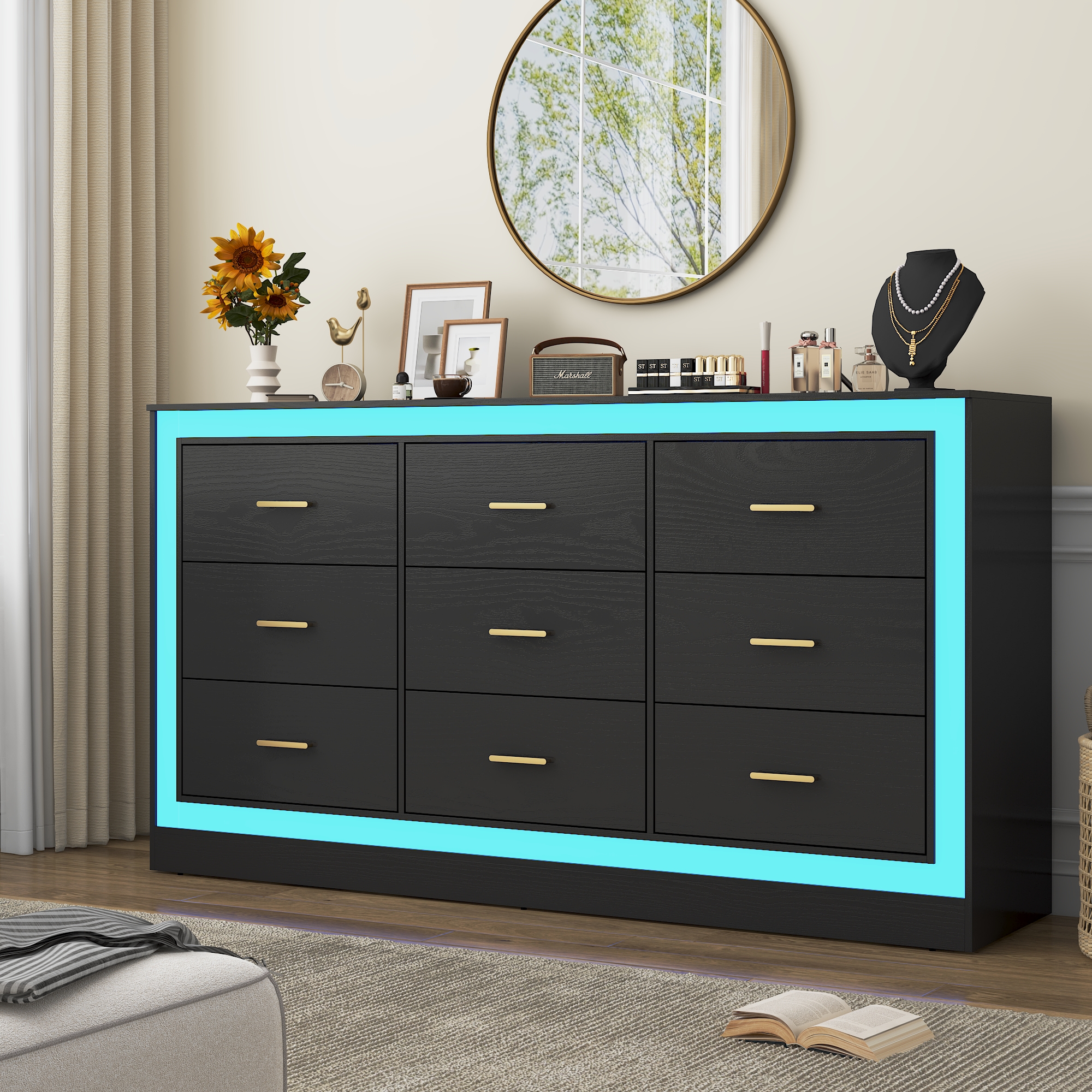 Black Dresser for Bedroom, 63" Wood 9 Drawer Dresser with LED Light, Long Dressers & Chests of Drawers with Deep Drawers, 34" Tall Storage Cabinet for Bedroom, Living Room, Hallway