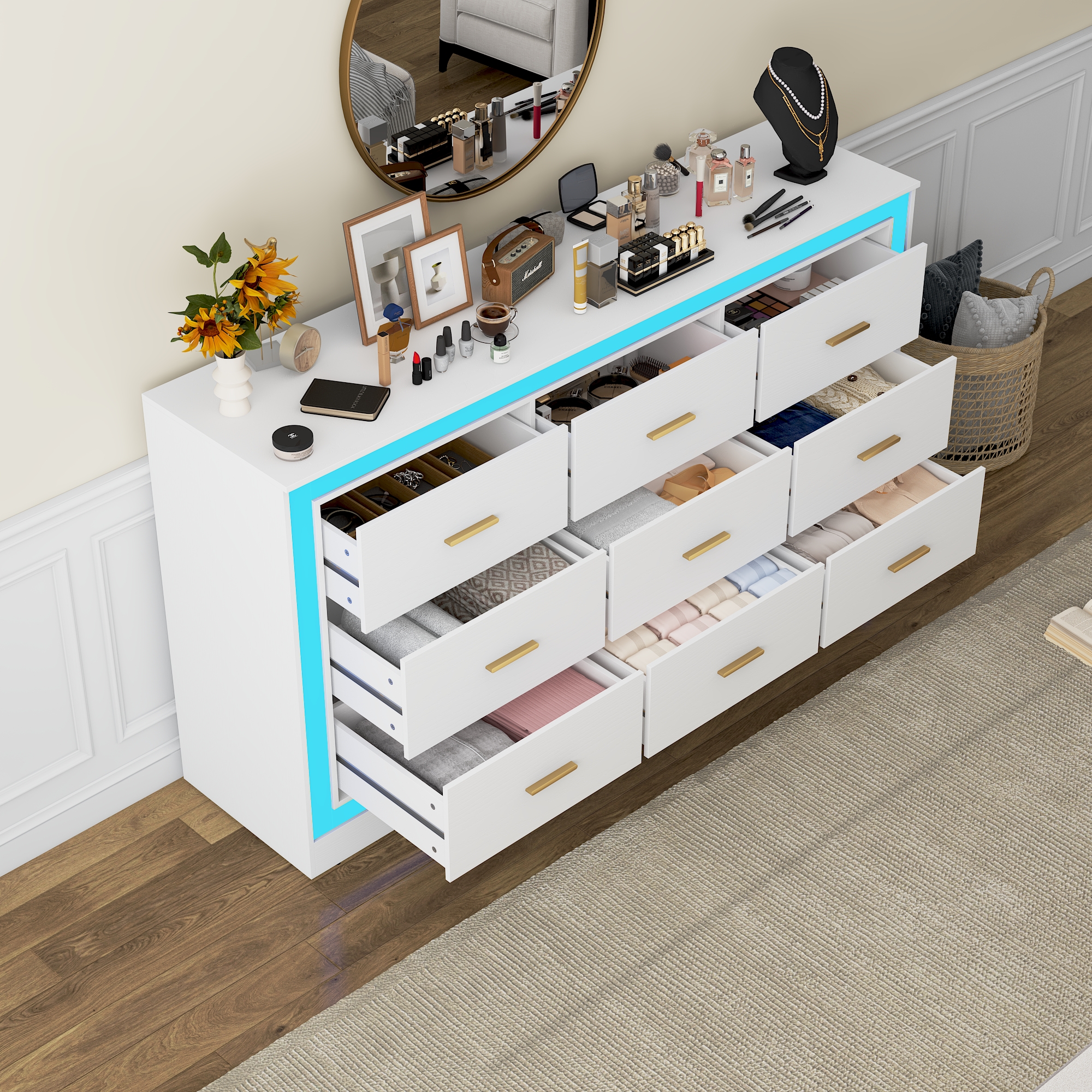 Black Dresser for Bedroom, 63" Wood 9 Drawer Dresser with LED Light, Long Dressers & Chests of Drawers with Deep Drawers, 34" Tall Storage Cabinet for Bedroom, Living Room, Hallway