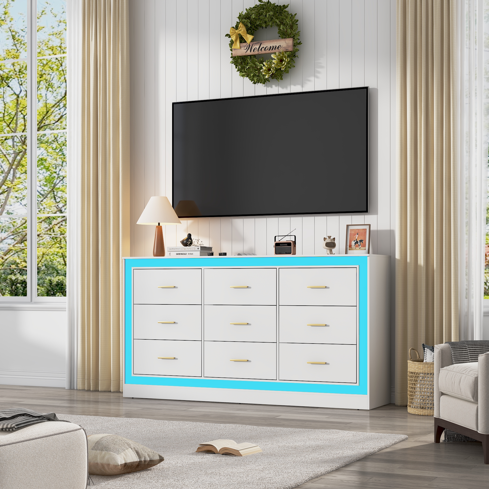 Black Dresser for Bedroom, 63" Wood 9 Drawer Dresser with LED Light, Long Dressers & Chests of Drawers with Deep Drawers, 34" Tall Storage Cabinet for Bedroom, Living Room, Hallway