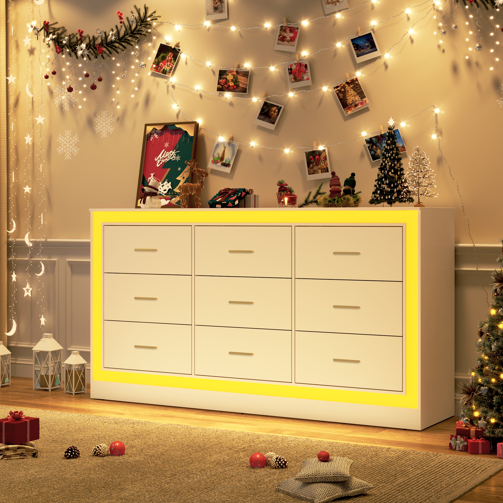 Black Dresser for Bedroom, 63" Wood 9 Drawer Dresser with LED Light, Long Dressers & Chests of Drawers with Deep Drawers, 34" Tall Storage Cabinet for Bedroom, Living Room, Hallway