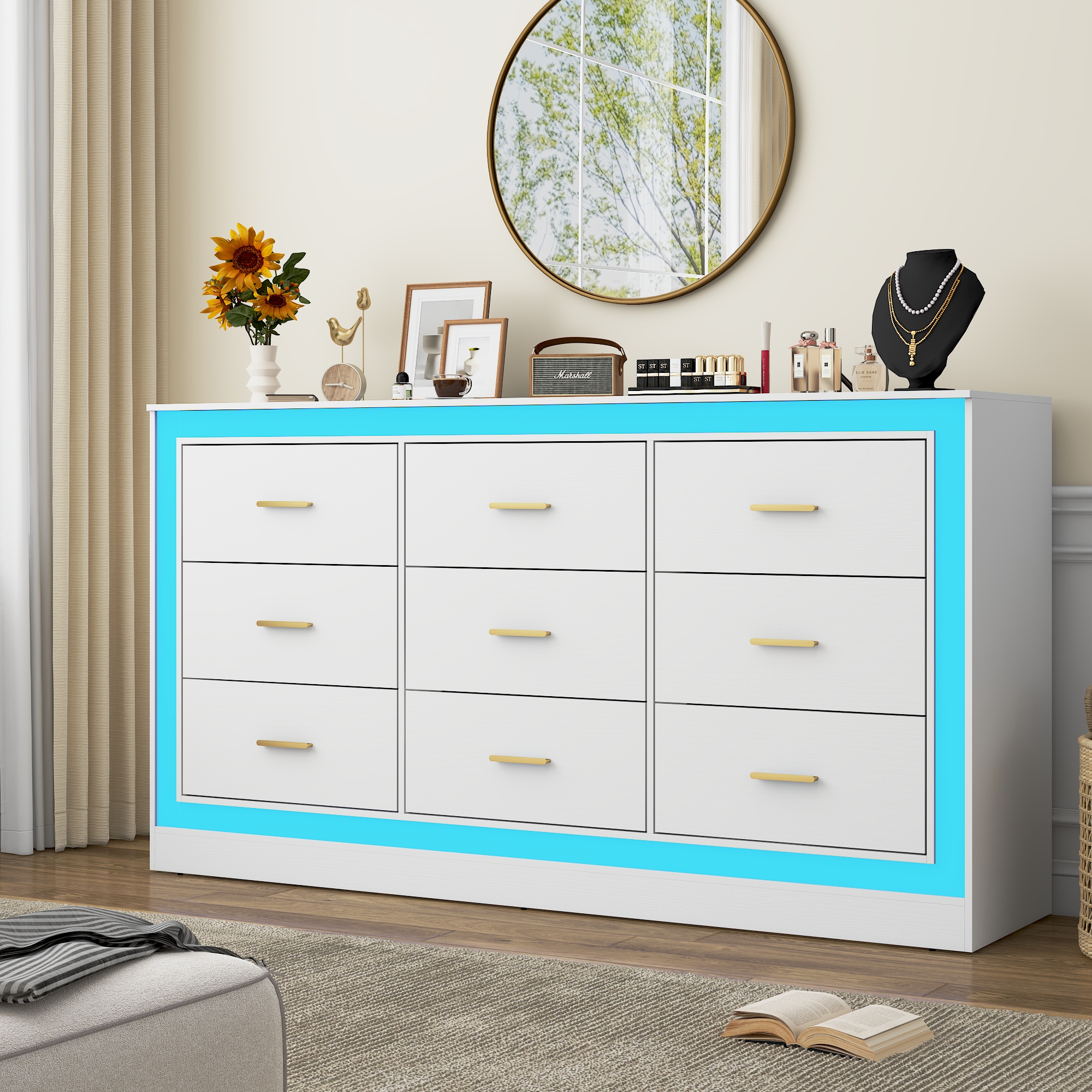 Black Dresser for Bedroom, 63" Wood 9 Drawer Dresser with LED Light, Long Dressers & Chests of Drawers with Deep Drawers, 34" Tall Storage Cabinet for Bedroom, Living Room, Hallway