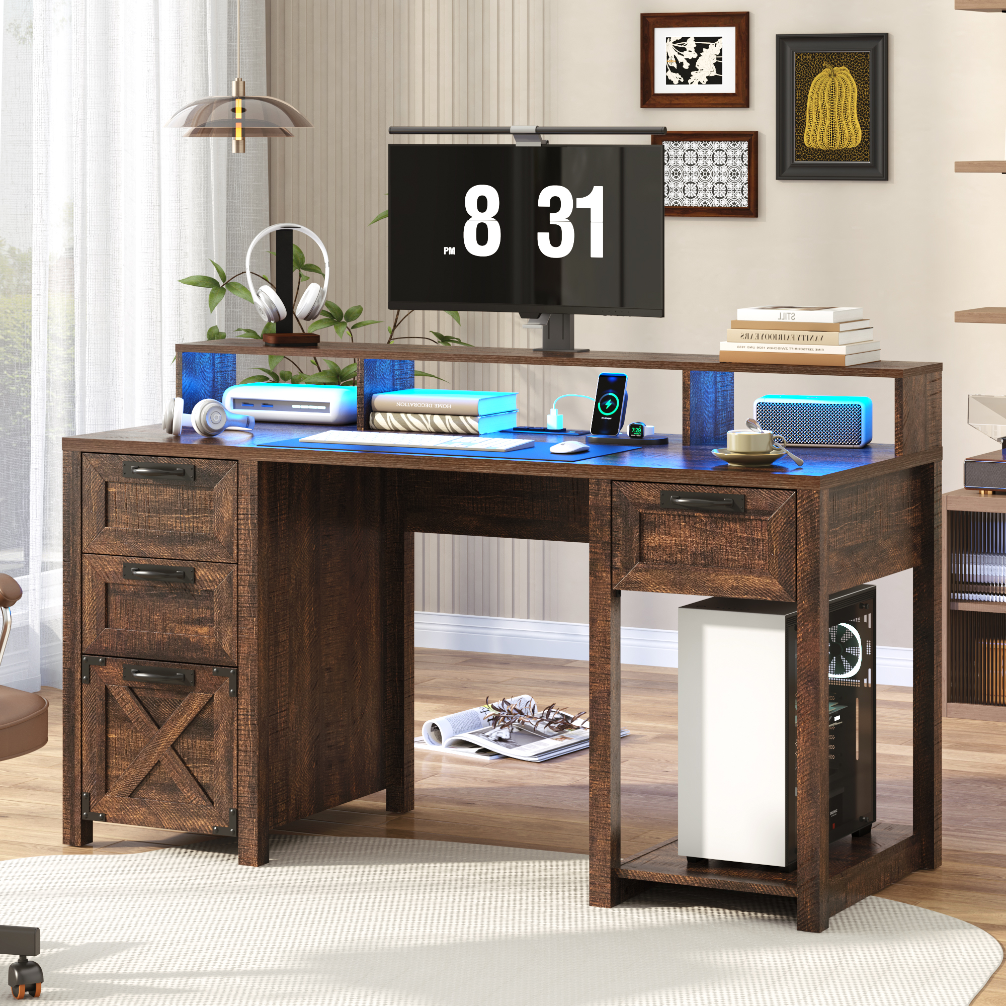 Blotout 59" LED Computer Desk with Power Outlets, Reversible Farmhouse Desk with Monitor Stand, Executive Desk with Drawers, Rustic Office Desk, Wood Desk for Office Home