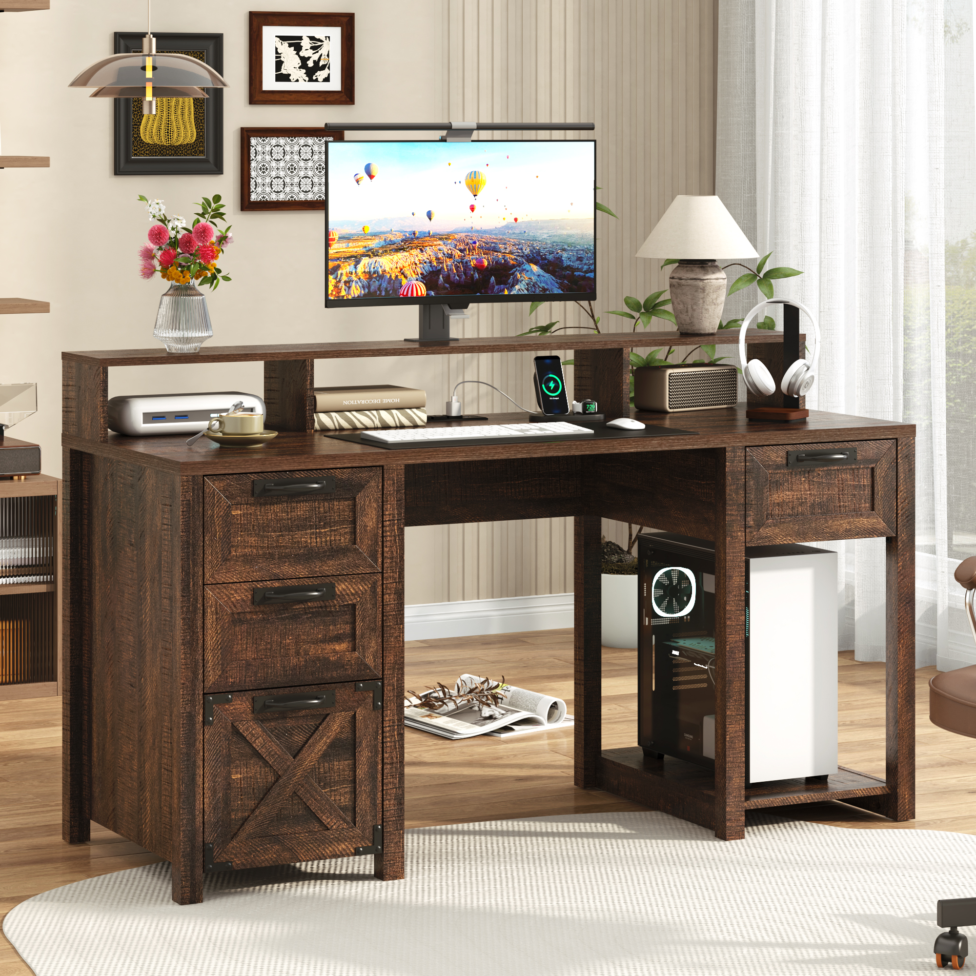 Blotout 59" LED Computer Desk with Power Outlets, Reversible Farmhouse Desk with Monitor Stand, Executive Desk with Drawers, Rustic Office Desk, Wood Desk for Office Home