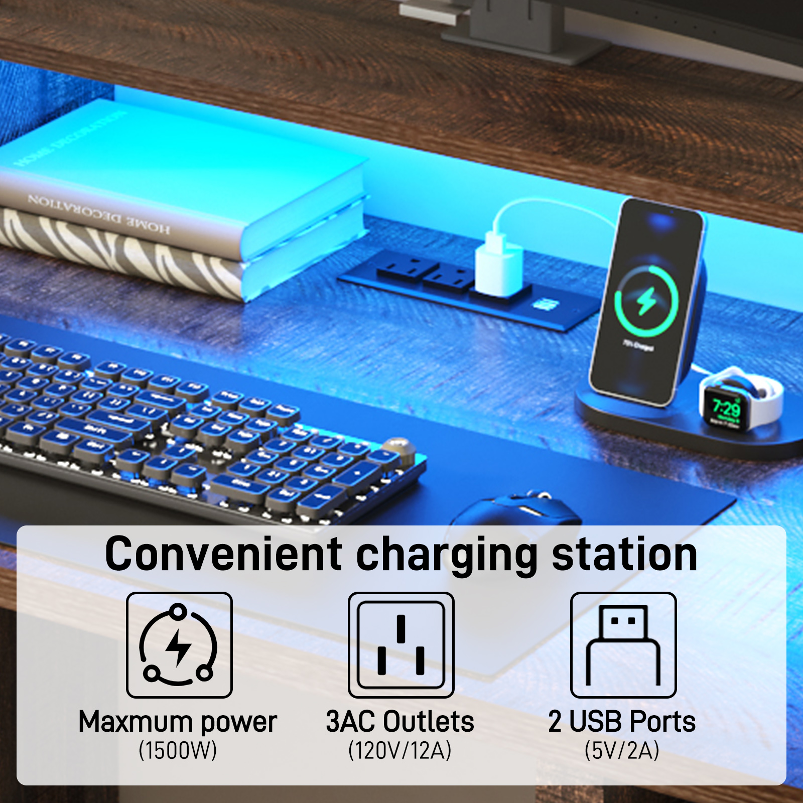 Blotout 59" LED Computer Desk with Power Outlets, Reversible Farmhouse Desk with Monitor Stand, Executive Desk with Drawers, Rustic Office Desk, Wood Desk for Office Home