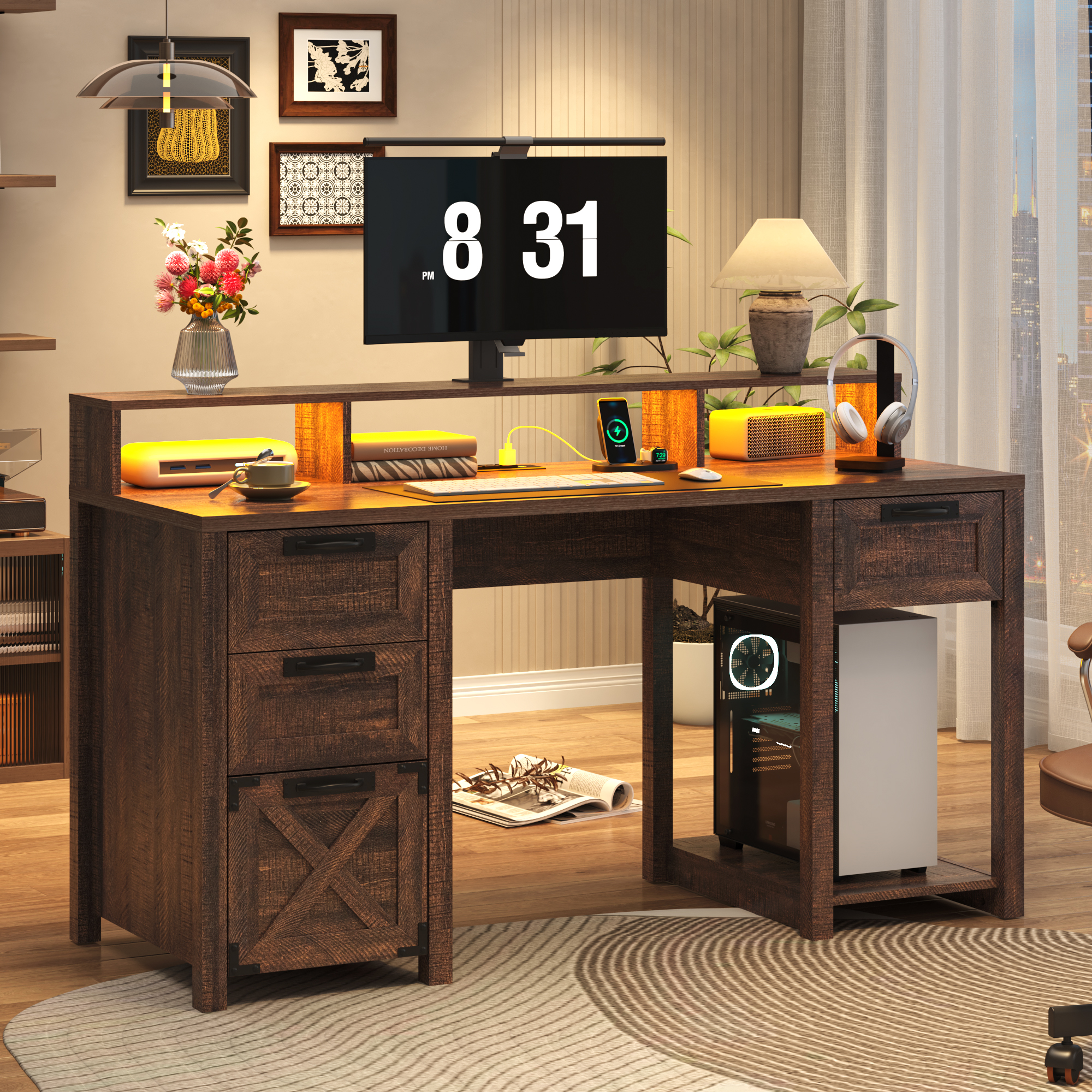 Blotout 59" LED Computer Desk with Power Outlets, Reversible Farmhouse Desk with Monitor Stand, Executive Desk with Drawers, Rustic Office Desk, Wood Desk for Office Home