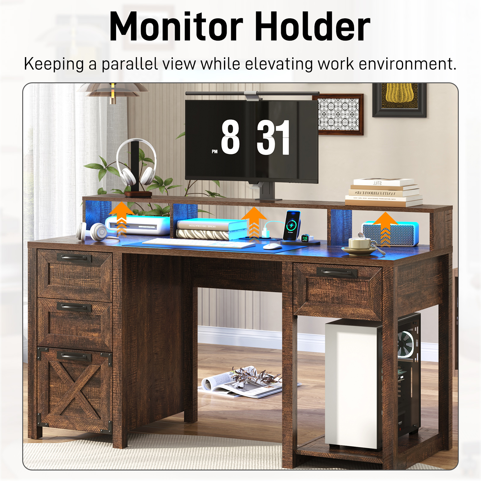 Blotout 59" LED Computer Desk with Power Outlets, Reversible Farmhouse Desk with Monitor Stand, Executive Desk with Drawers, Rustic Office Desk, Wood Desk for Office Home