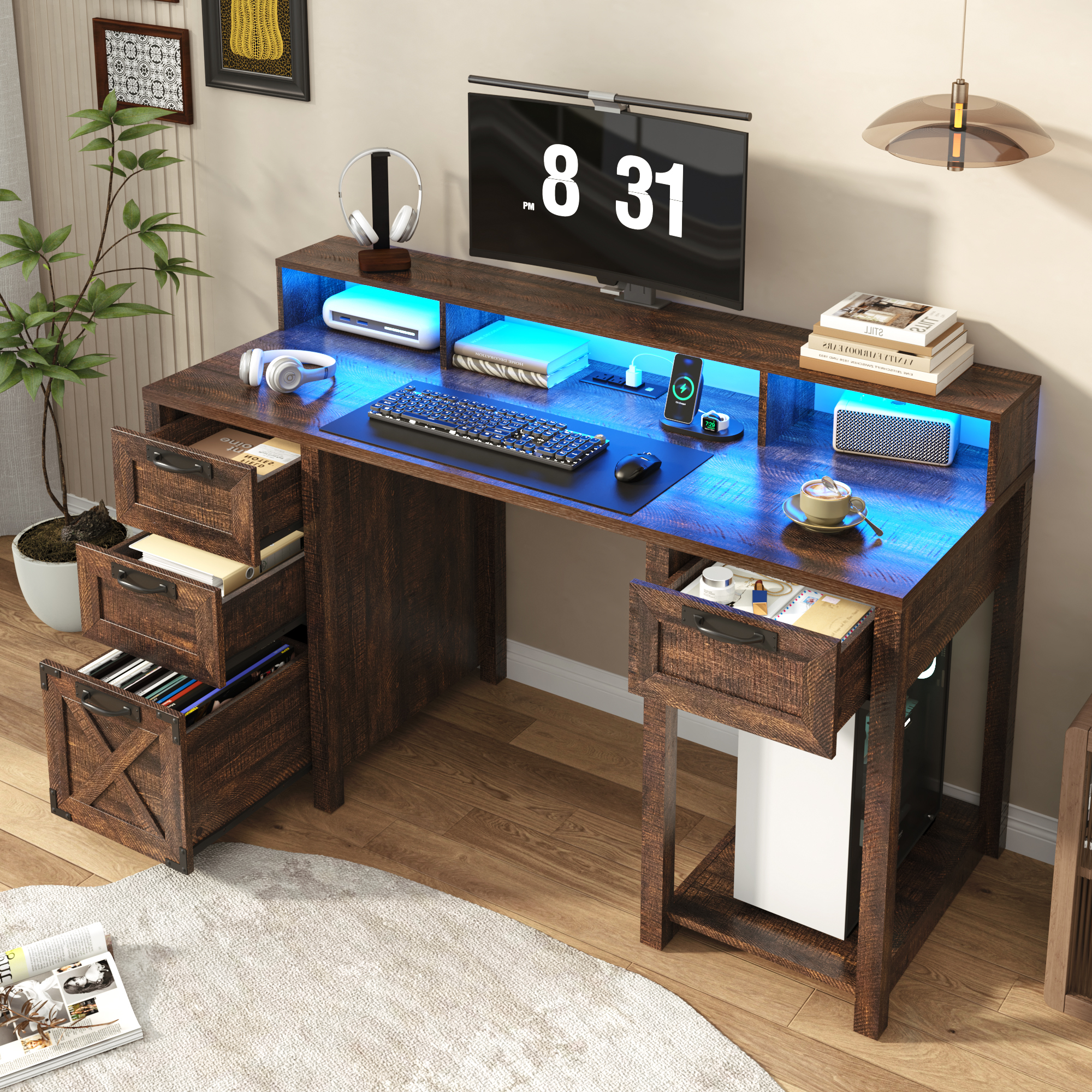 Blotout 59" LED Computer Desk with Power Outlets, Reversible Farmhouse Desk with Monitor Stand, Executive Desk with Drawers, Rustic Office Desk, Wood Desk for Office Home
