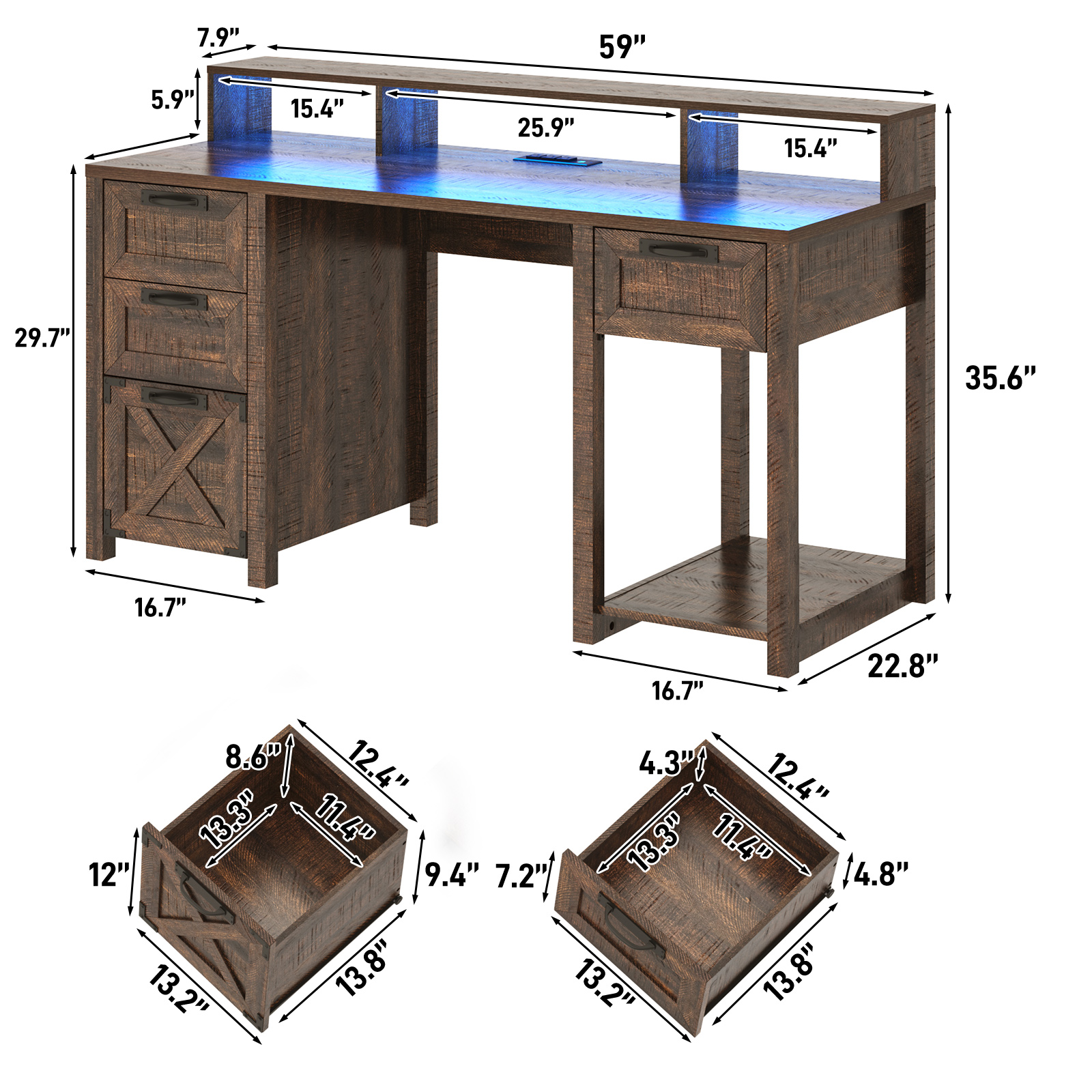 Blotout 59" LED Computer Desk with Power Outlets, Reversible Farmhouse Desk with Monitor Stand, Executive Desk with Drawers, Rustic Office Desk, Wood Desk for Office Home