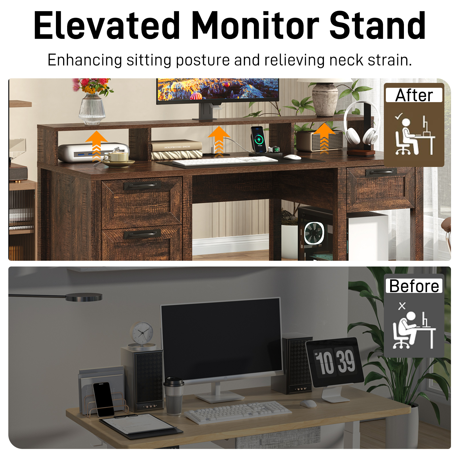 Blotout 59" LED Computer Desk with Power Outlets, Reversible Farmhouse Desk with Monitor Stand, Executive Desk with Drawers, Rustic Office Desk, Wood Desk for Office Home