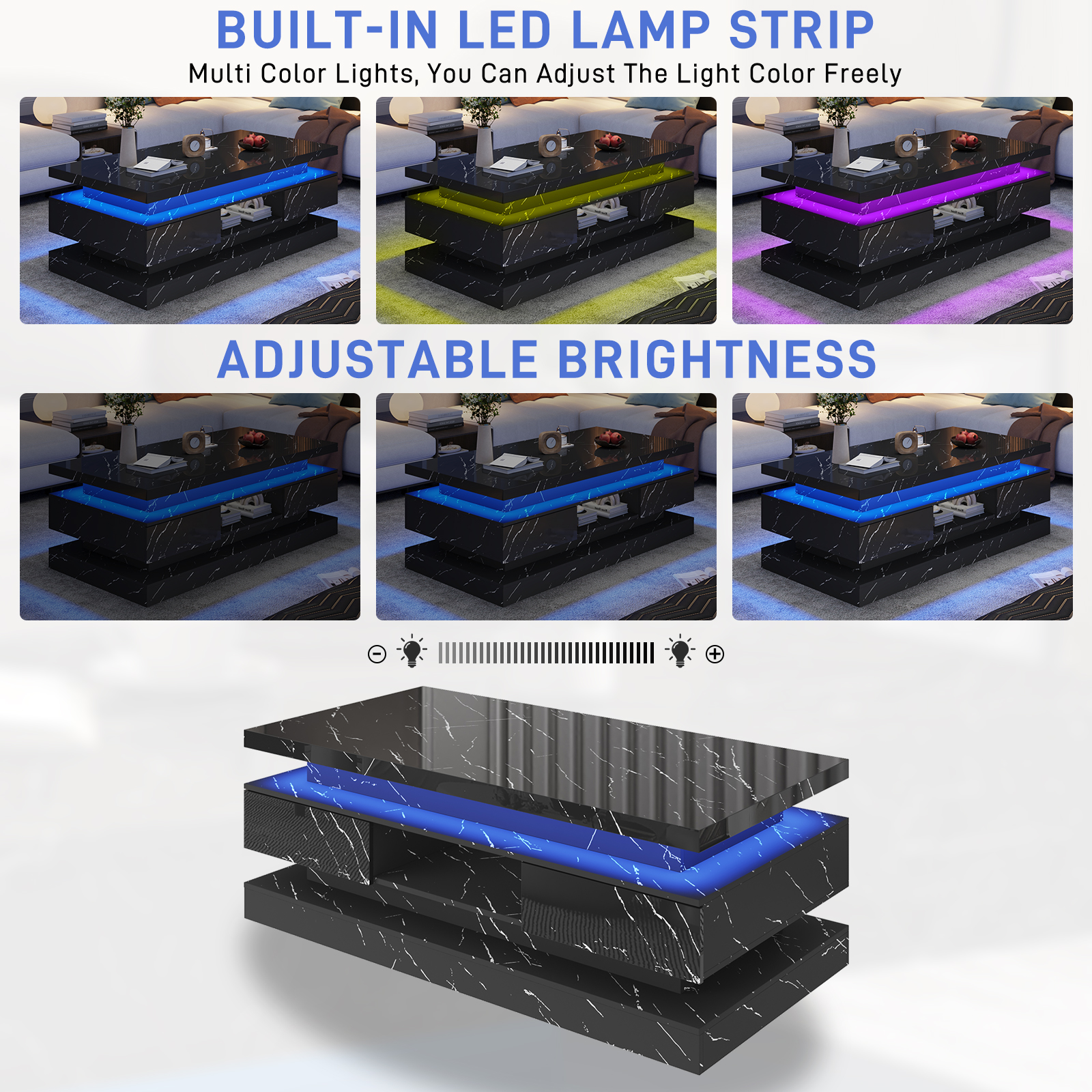 Blotout Large Modern High Glossy LED Coffee Table with 2 Storage Drawers, 3 Tiers-Layer Center Tables w/60,000 Colors LED Lights/Marbling Print for Livings Room