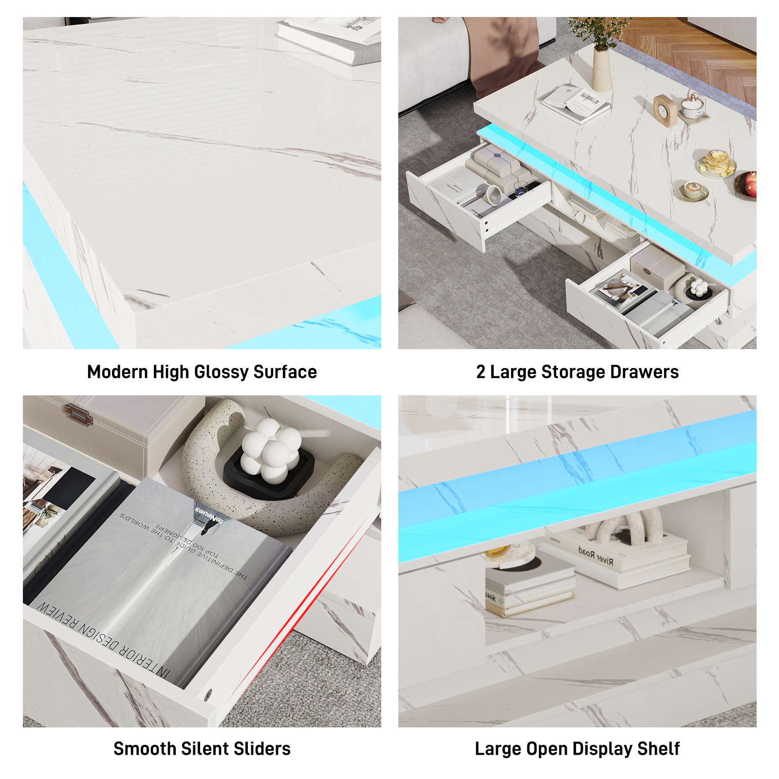 Blotout Large Modern High Glossy LED Coffee Table with 2 Storage Drawers, 3 Tiers-Layer Center Tables w/60,000 Colors LED Lights/Marbling Print for Livings Room