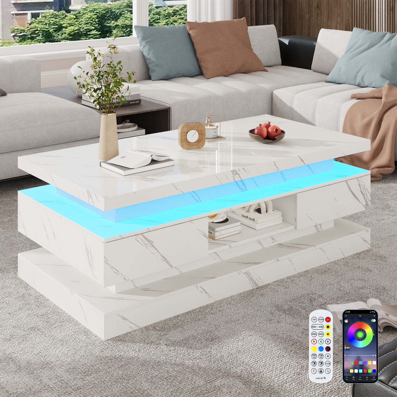 Blotout Large Modern High Glossy LED Coffee Table with 2 Storage Drawers, 3 Tiers-Layer Center Tables w/60,000 Colors LED Lights/Marbling Print for Livings Room