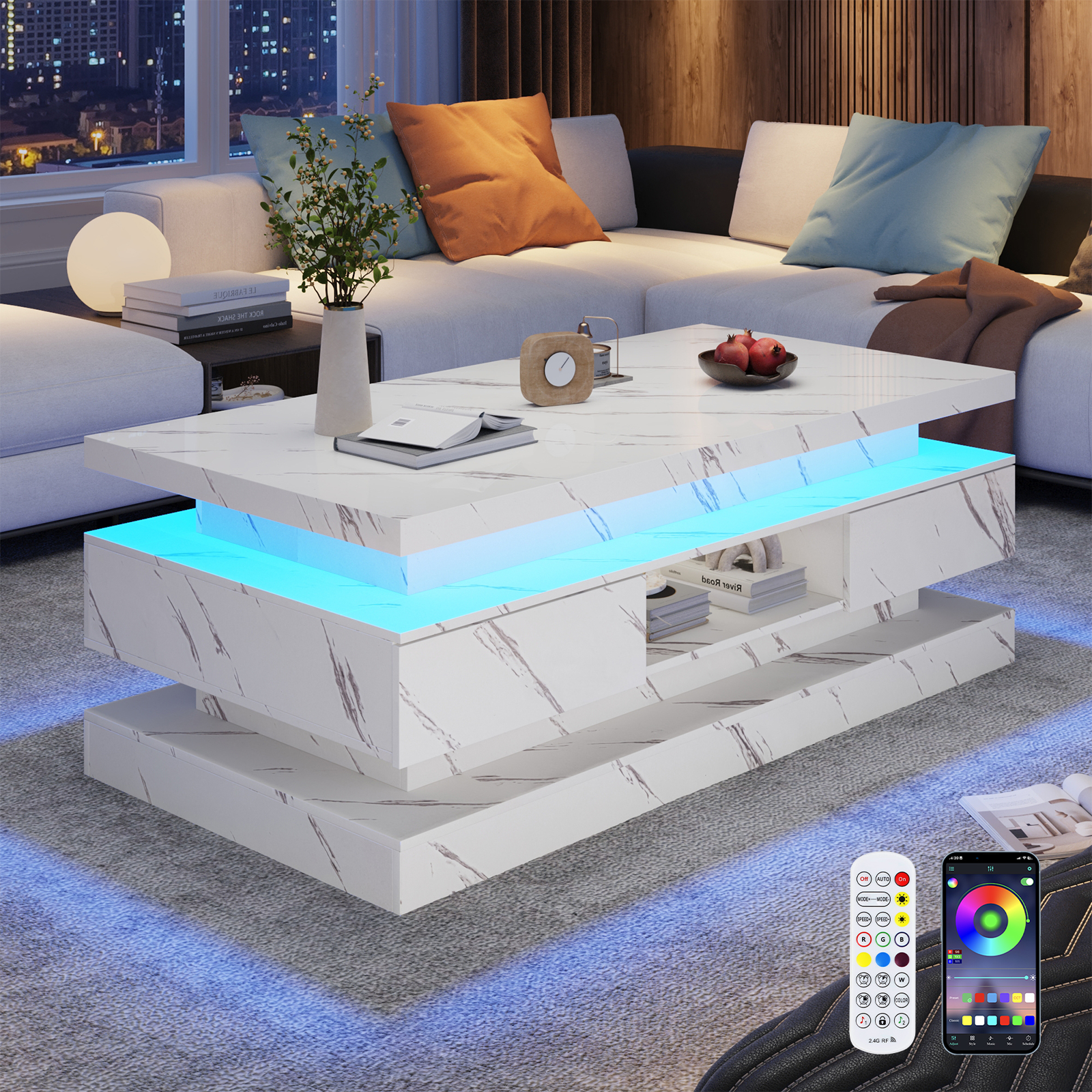 Blotout Large Modern High Glossy LED Coffee Table with 2 Storage Drawers, 3 Tiers-Layer Center Tables w/60,000 Colors LED Lights/Marbling Print for Livings Room