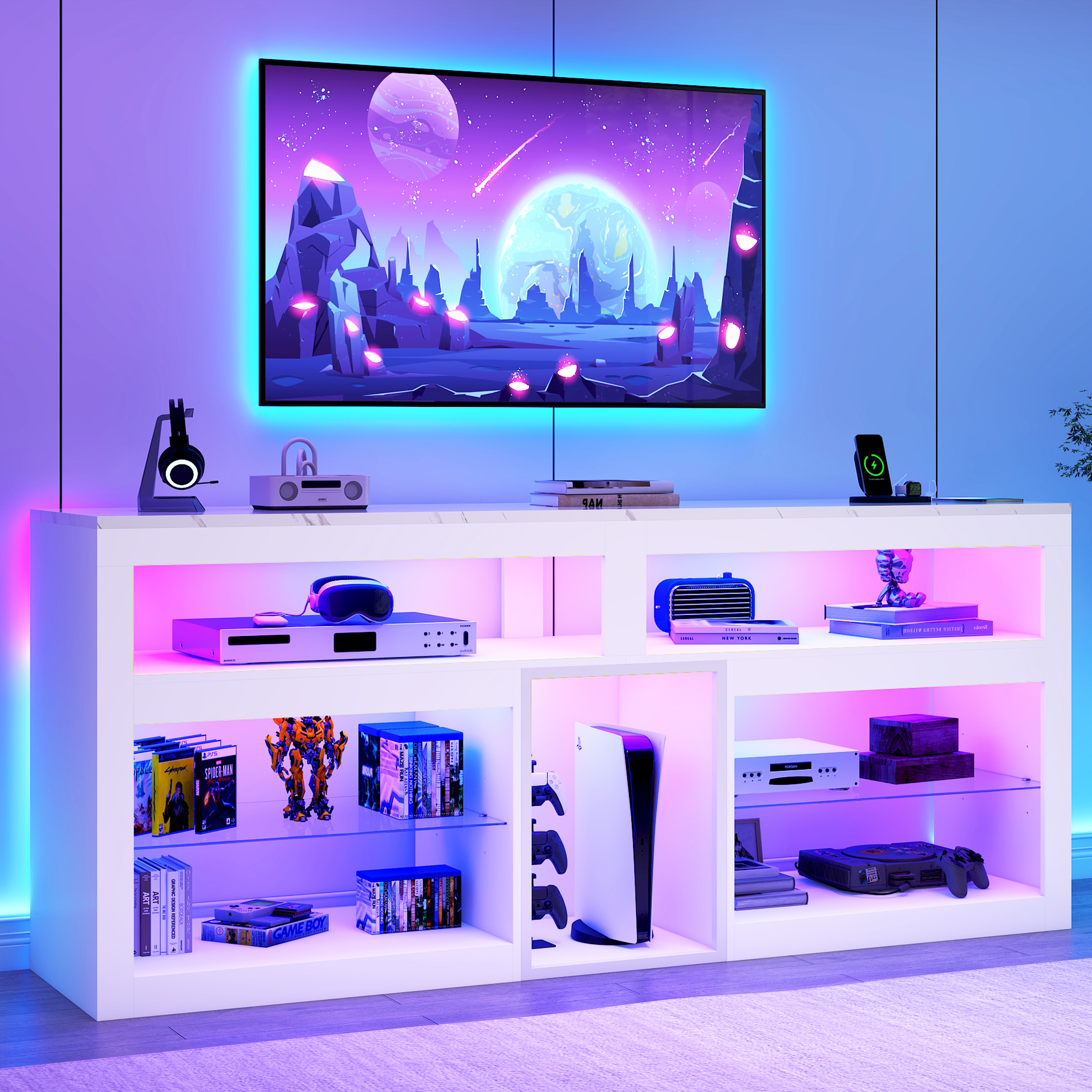 Blotout 74" TV Stand for TVs up to 85" with LED Lights and Power Outlet, 32" Tall Modern Gaming Entertainment Center with Adjustable Shelve for Living Room