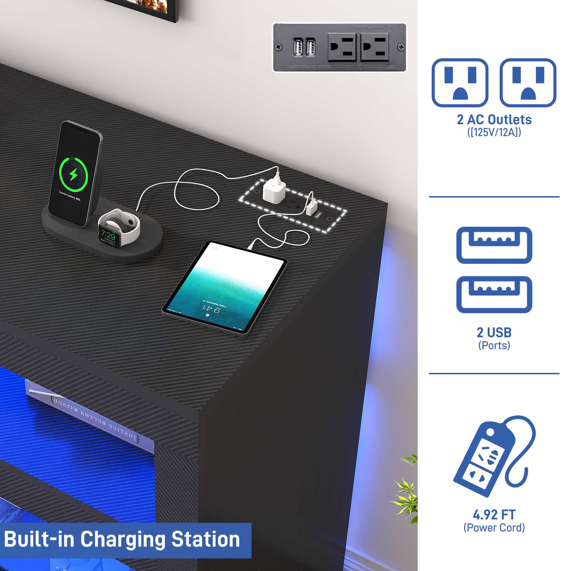 Blotout 74" TV Stand for TVs up to 85" with LED Lights and Power Outlet, 32" Tall Modern Gaming Entertainment Center with Adjustable Shelve for Living Room