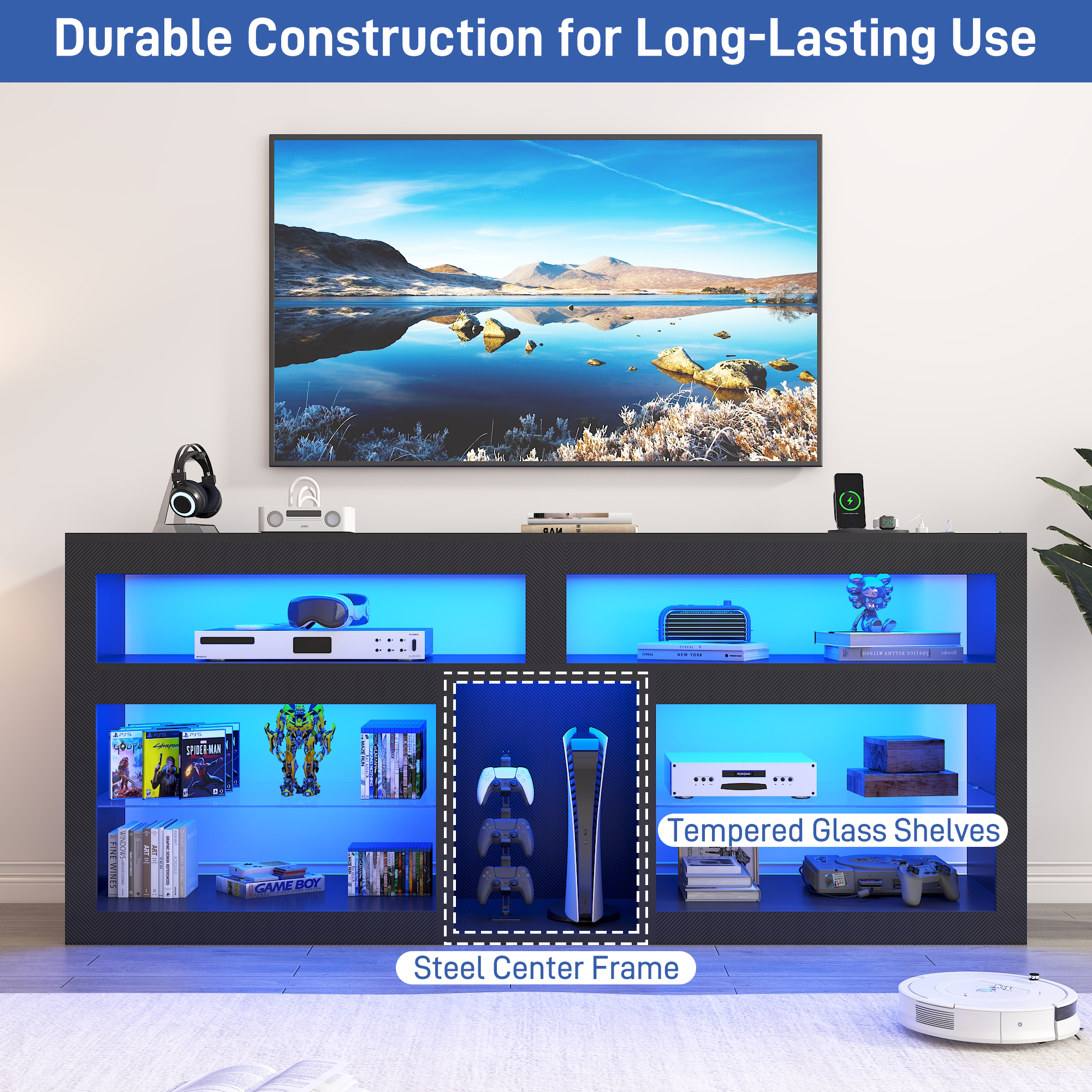 Blotout 74" TV Stand for TVs up to 85" with LED Lights and Power Outlet, 32" Tall Modern Gaming Entertainment Center with Adjustable Shelve for Living Room