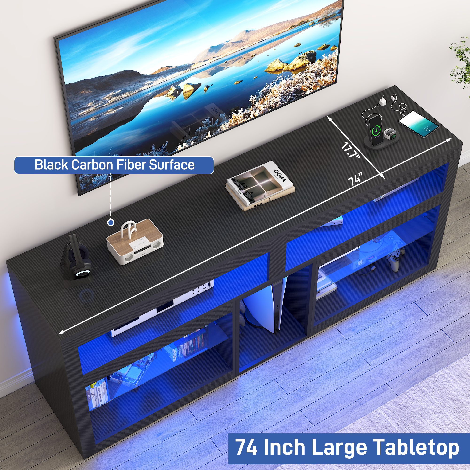 Blotout 74" TV Stand for TVs up to 85" with LED Lights and Power Outlet, 32" Tall Modern Gaming Entertainment Center with Adjustable Shelve for Living Room
