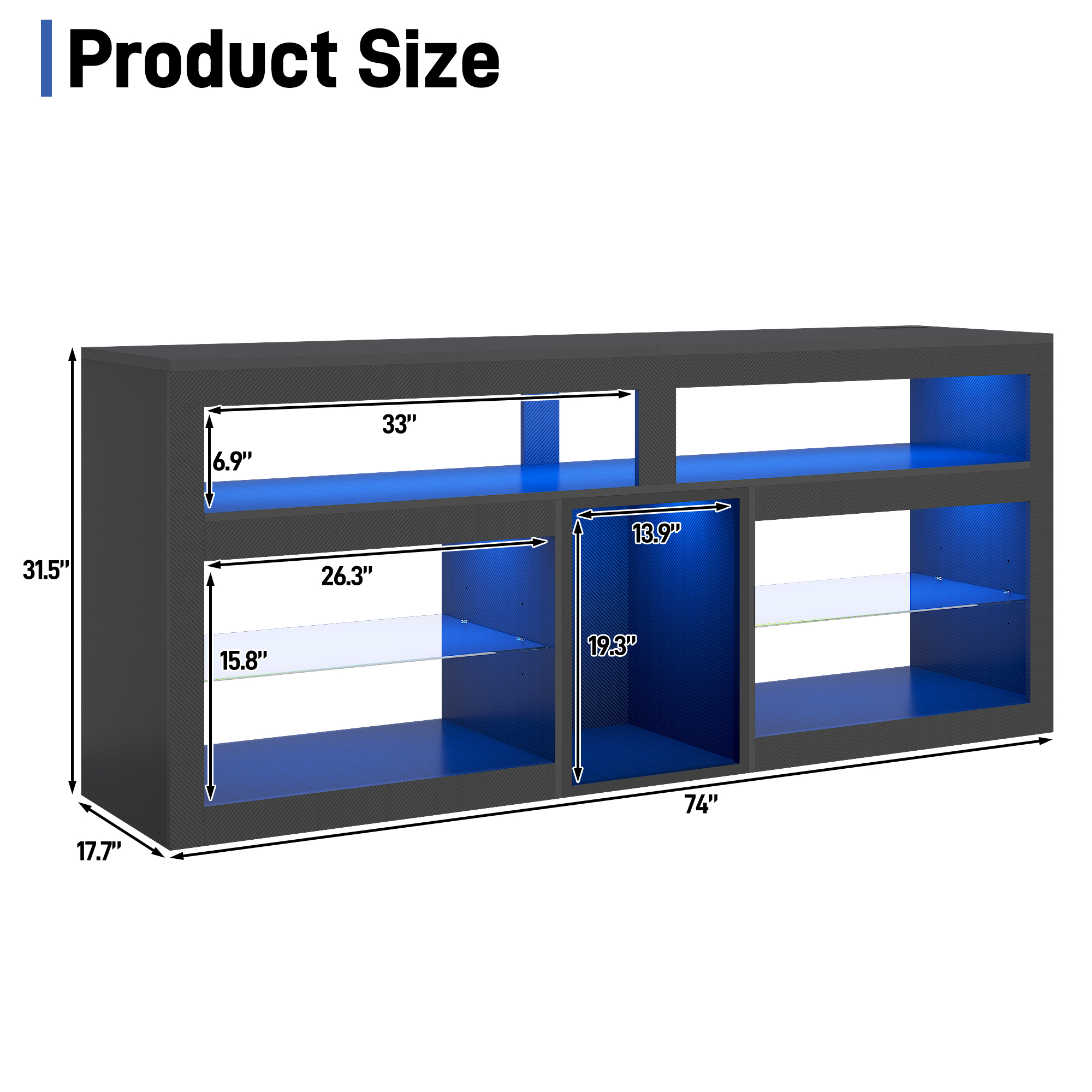 Blotout 74" TV Stand for TVs up to 85" with LED Lights and Power Outlet, 32" Tall Modern Gaming Entertainment Center with Adjustable Shelve for Living Room