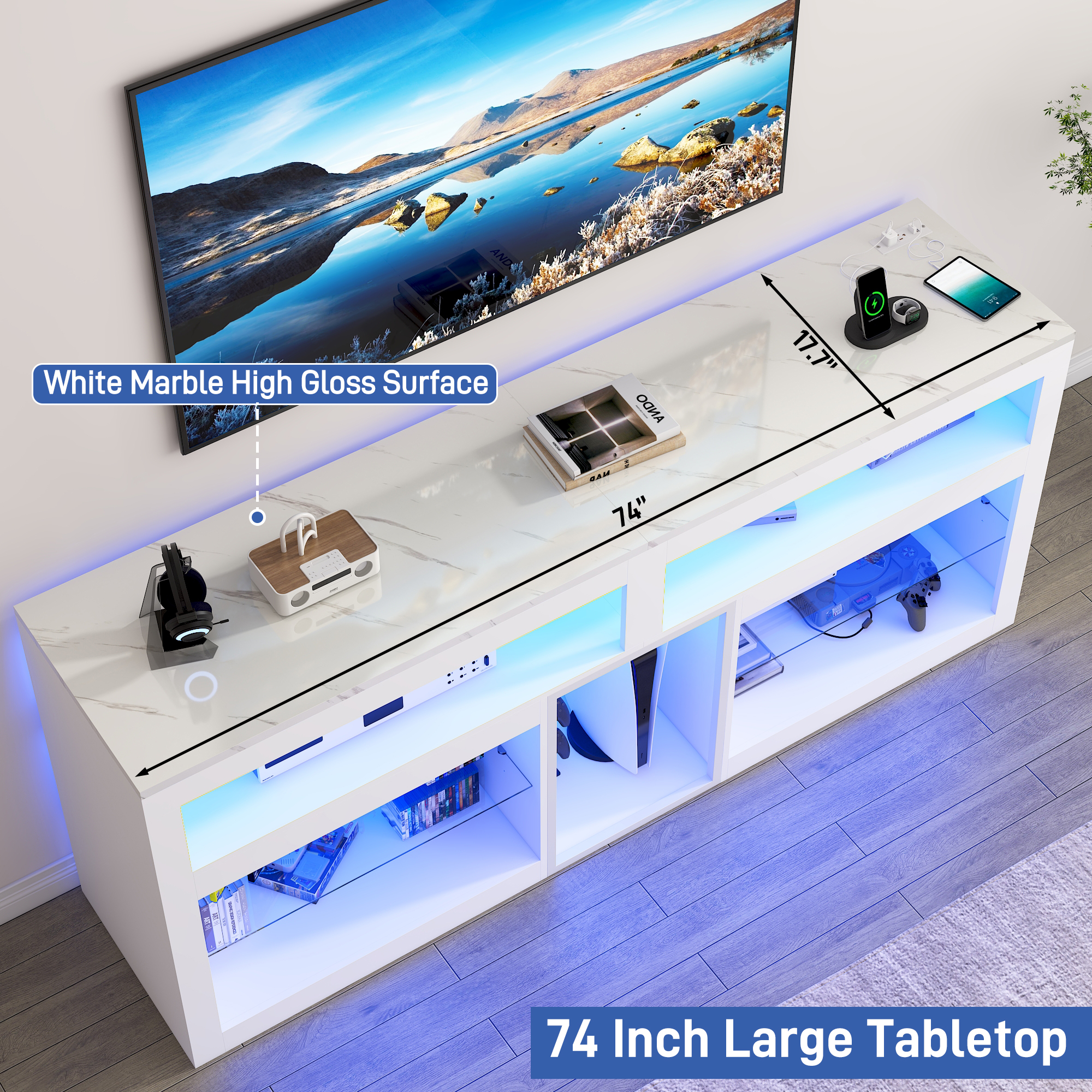 Blotout 74" TV Stand for TVs up to 85" with LED Lights and Power Outlet, 32" Tall Modern Gaming Entertainment Center with Adjustable Shelve for Living Room
