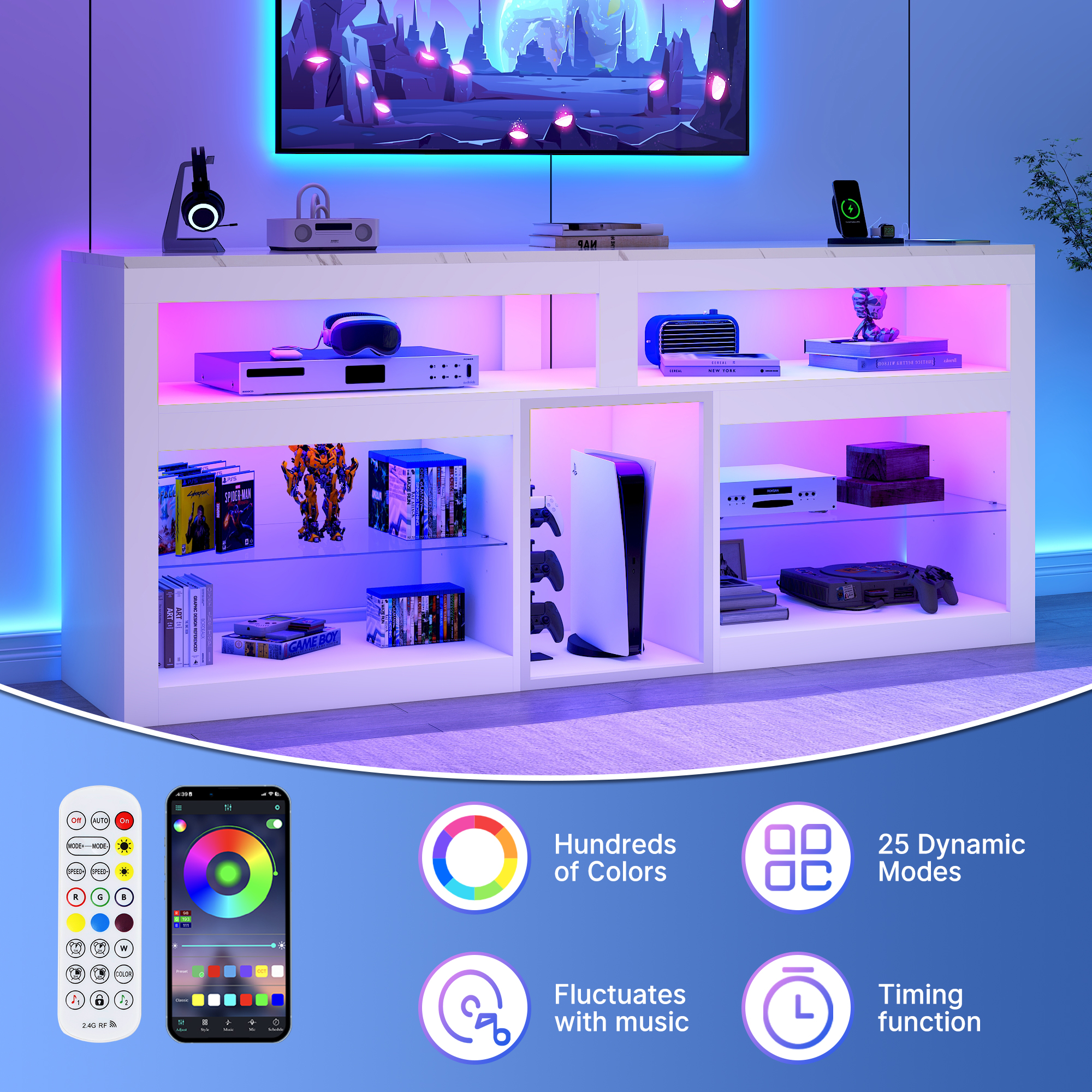 Blotout 74" TV Stand for TVs up to 85" with LED Lights and Power Outlet, 32" Tall Modern Gaming Entertainment Center with Adjustable Shelve for Living Room