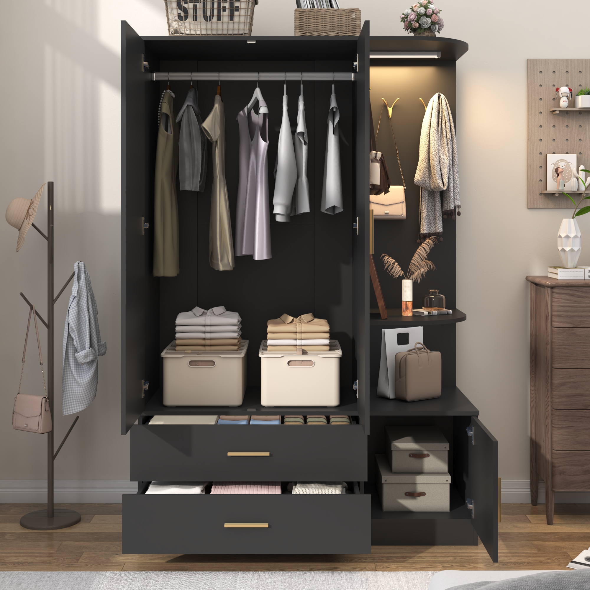 Blotout 2 Door Armoire Wardrobe Closet with Mirror & Sensor Lights, 71'' Large Wardrobe Armoire with 2 Drawers & Shelves, Modern Wooden Armoire Storage with Hanging Rod for Bedroom, Black