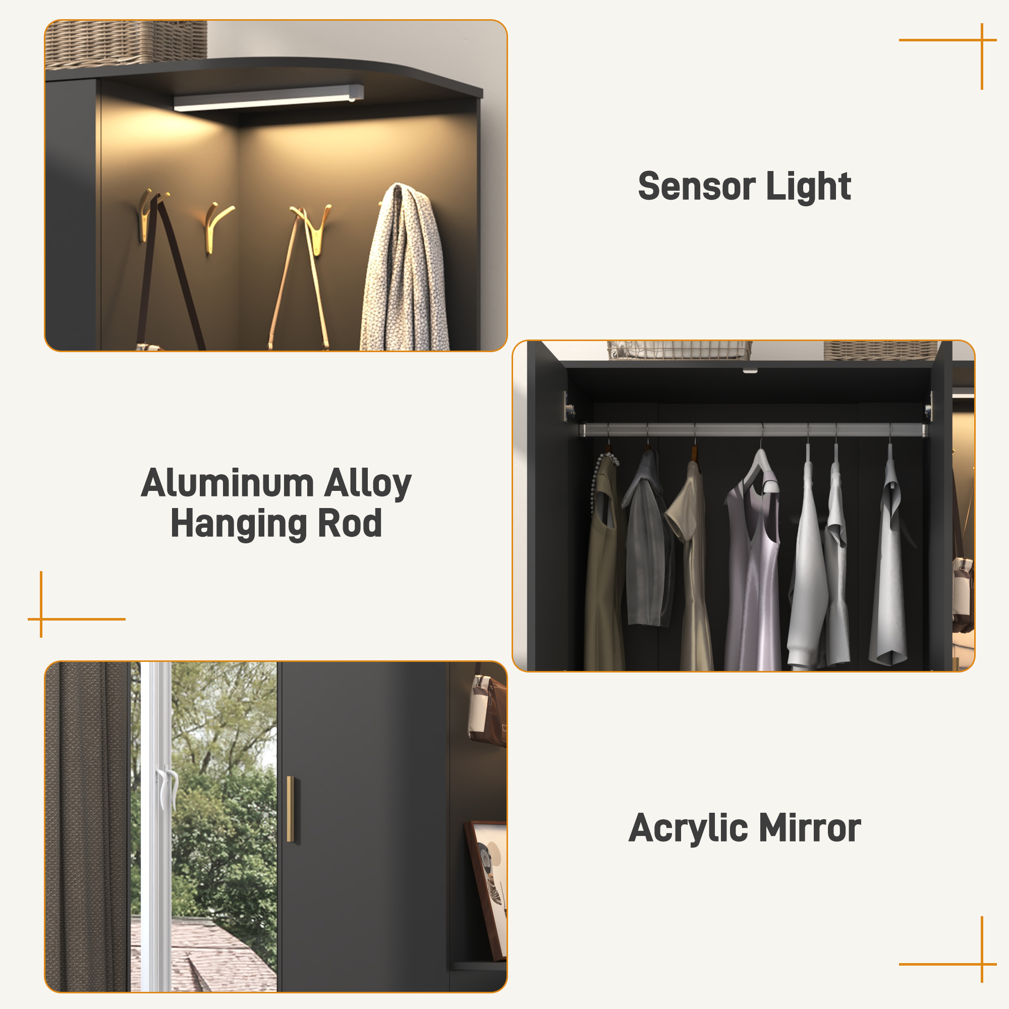 Blotout 2 Door Armoire Wardrobe Closet with Mirror & Sensor Lights, 71'' Large Wardrobe Armoire with 2 Drawers & Shelves, Modern Wooden Armoire Storage with Hanging Rod for Bedroom, Black