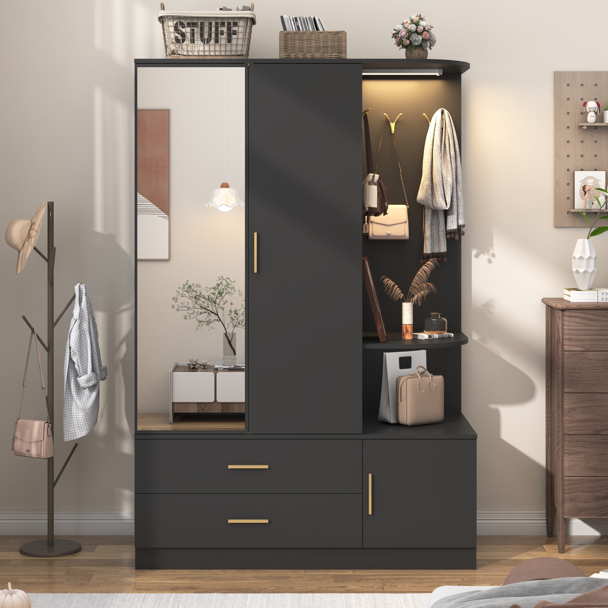 Blotout 2 Door Armoire Wardrobe Closet with Mirror & Sensor Lights, 71'' Large Wardrobe Armoire with 2 Drawers & Shelves, Modern Wooden Armoire Storage with Hanging Rod for Bedroom, Black