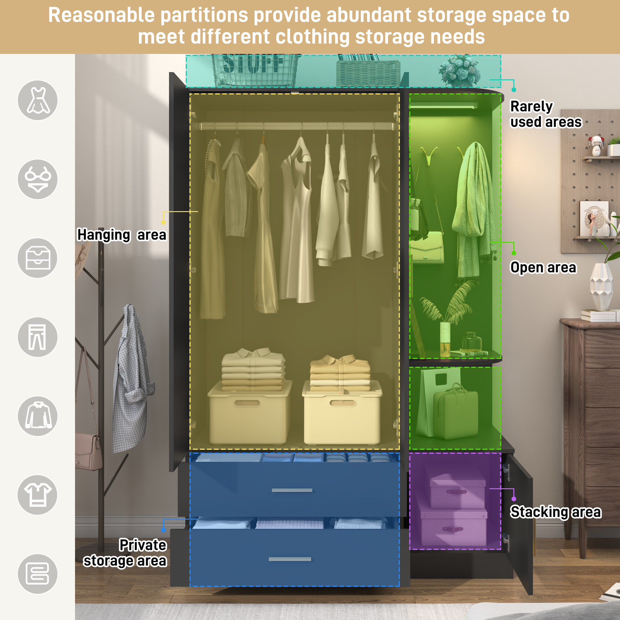 Blotout 2 Door Armoire Wardrobe Closet with Mirror & Sensor Lights, 71'' Large Wardrobe Armoire with 2 Drawers & Shelves, Modern Wooden Armoire Storage with Hanging Rod for Bedroom, Black