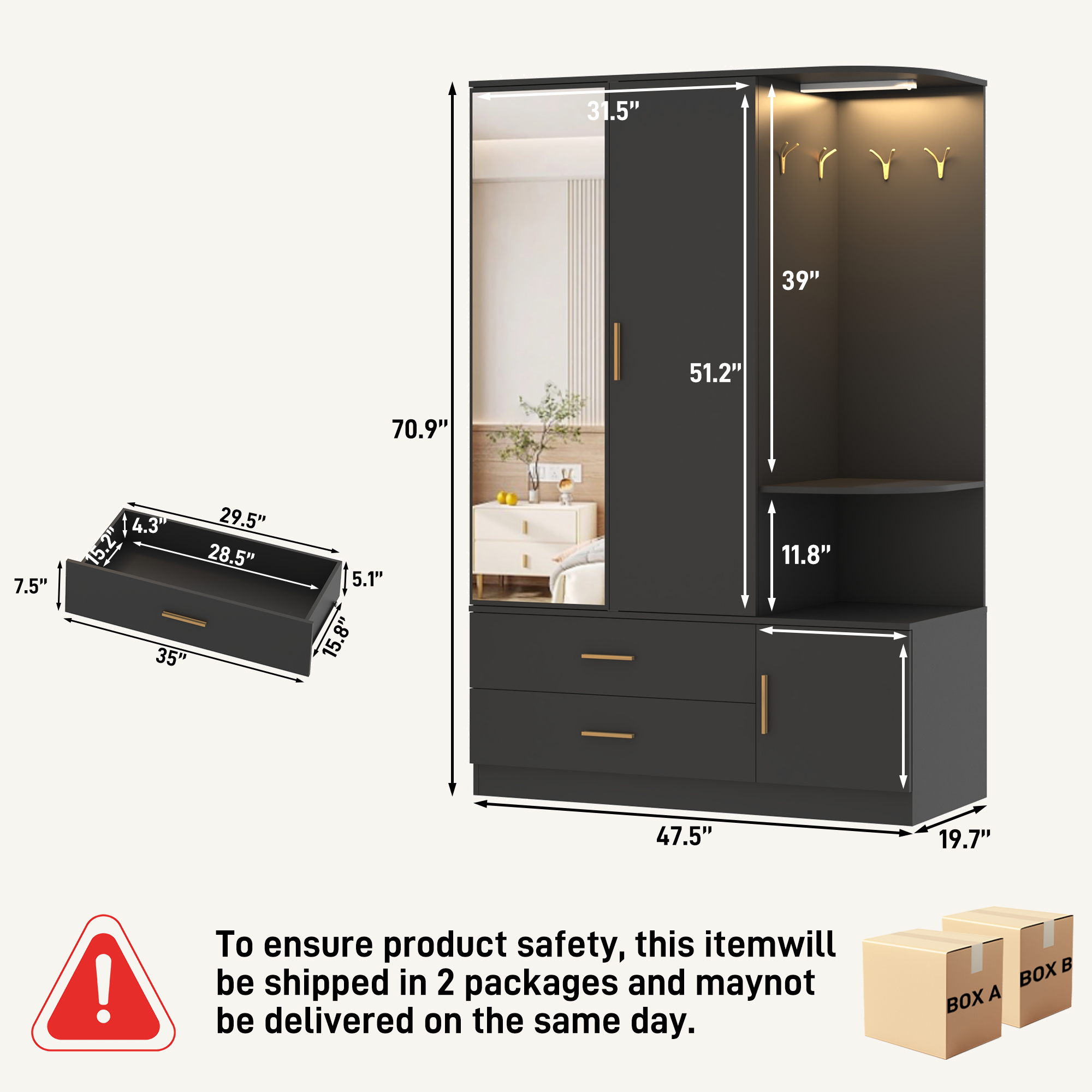 Blotout 2 Door Armoire Wardrobe Closet with Mirror & Sensor Lights, 71'' Large Wardrobe Armoire with 2 Drawers & Shelves, Modern Wooden Armoire Storage with Hanging Rod for Bedroom, Black