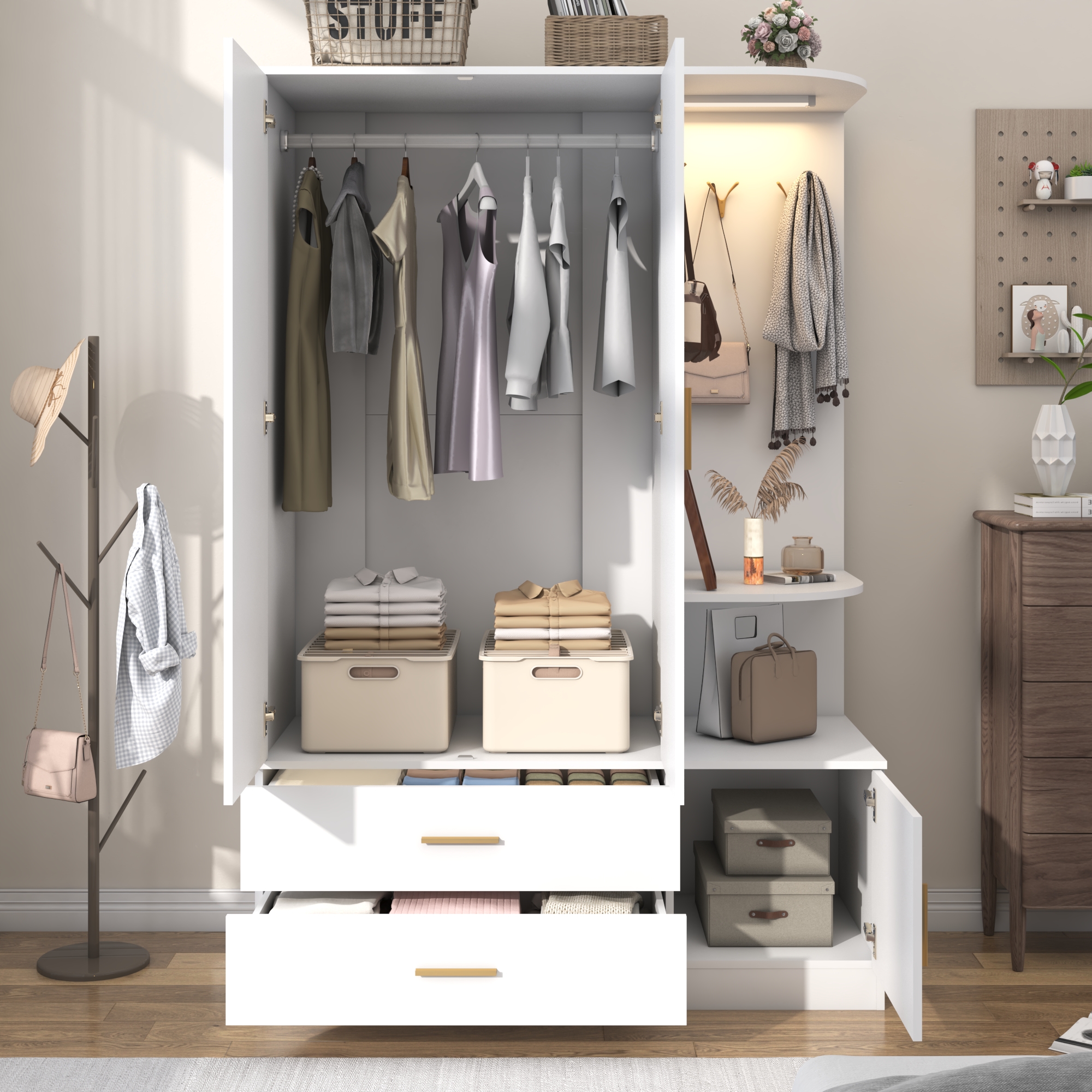Blotout 2 Door Armoire Wardrobe Closet with Mirror & Sensor Lights, 71'' Large Wardrobe Armoire with 2 Drawers & Shelves, Modern Wooden Armoire Storage with Hanging Rod for Bedroom, White