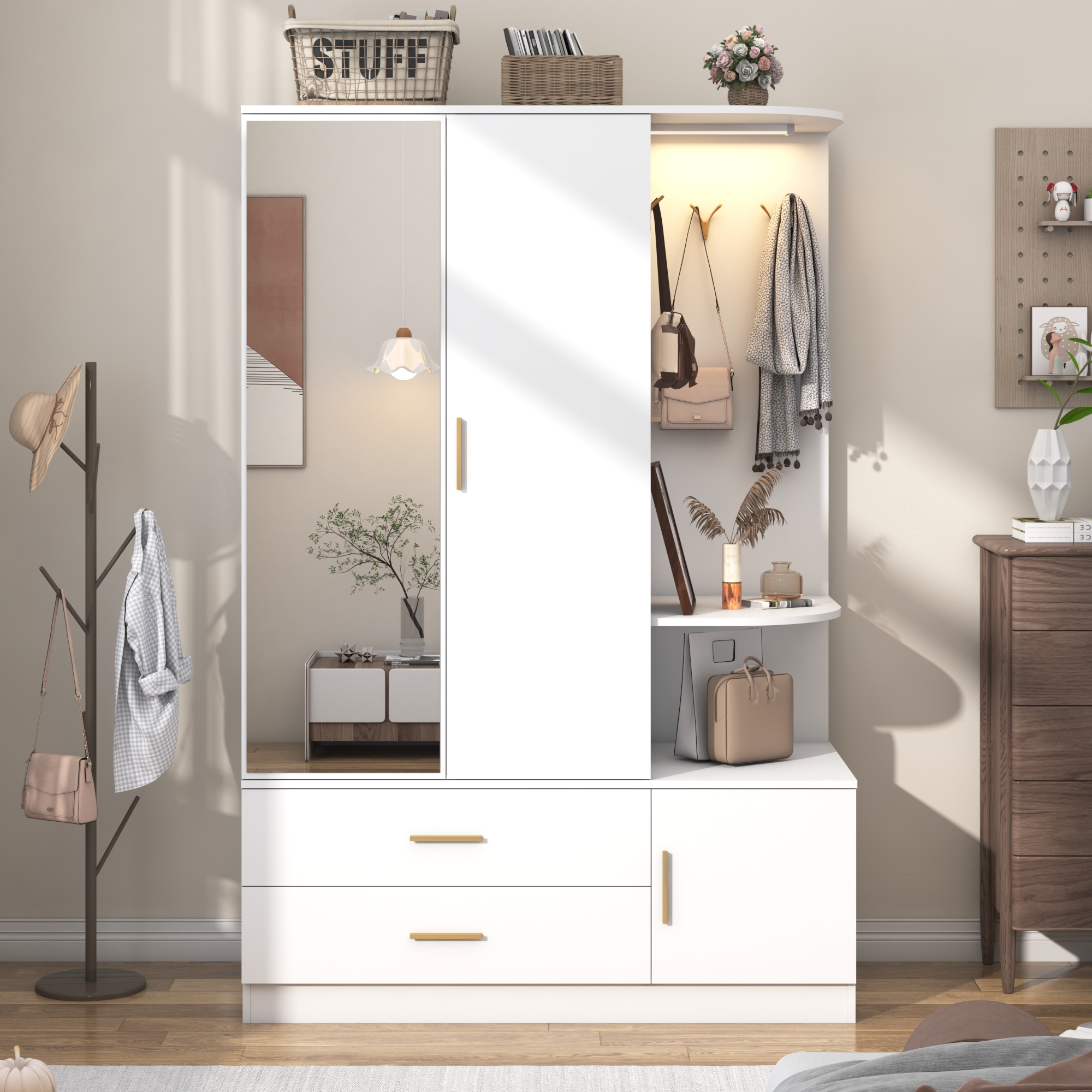 Blotout 2 Door Armoire Wardrobe Closet with Mirror & Sensor Lights, 71'' Large Wardrobe Armoire with 2 Drawers & Shelves, Modern Wooden Armoire Storage with Hanging Rod for Bedroom, White