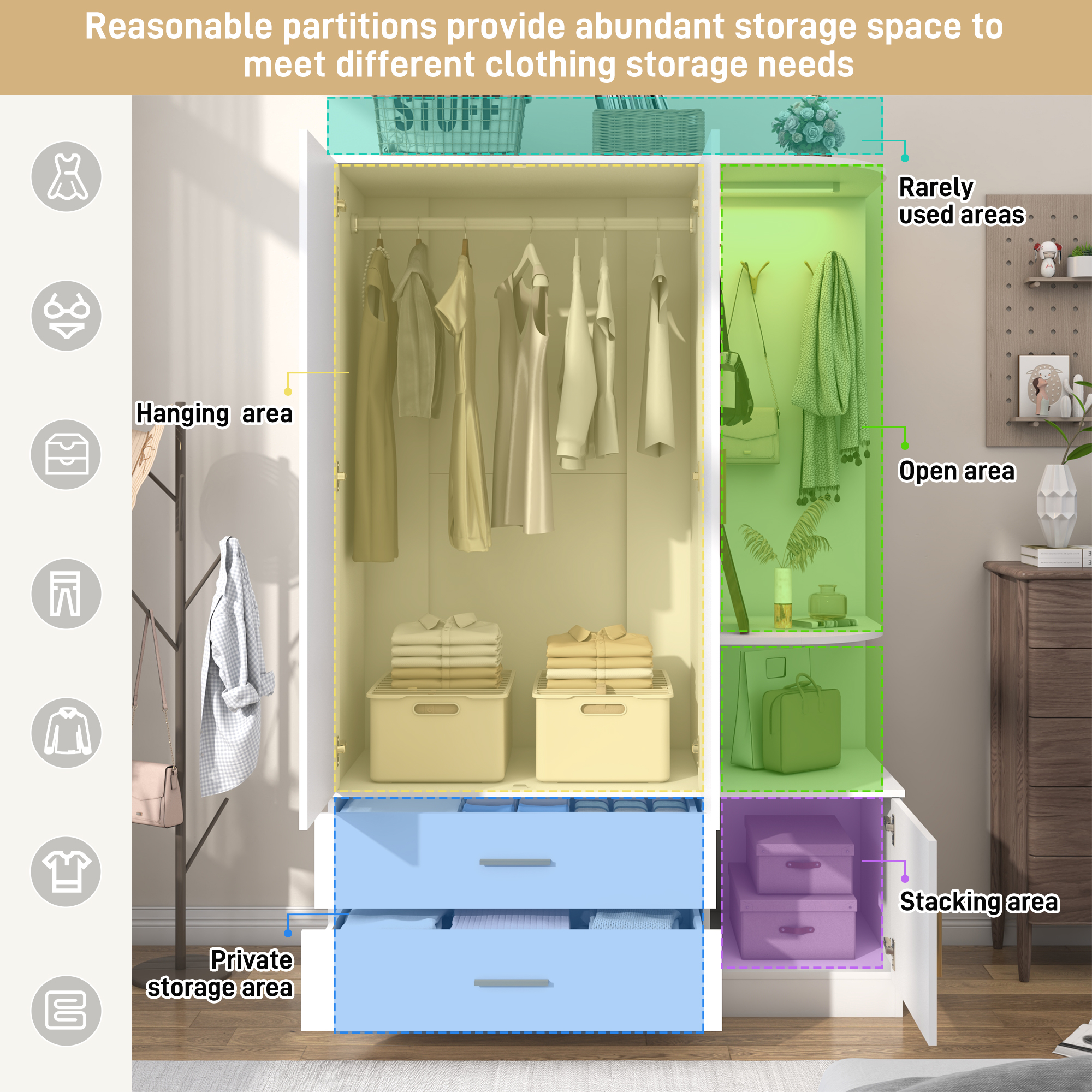 Blotout 2 Door Armoire Wardrobe Closet with Mirror & Sensor Lights, 71'' Large Wardrobe Armoire with 2 Drawers & Shelves, Modern Wooden Armoire Storage with Hanging Rod for Bedroom, White