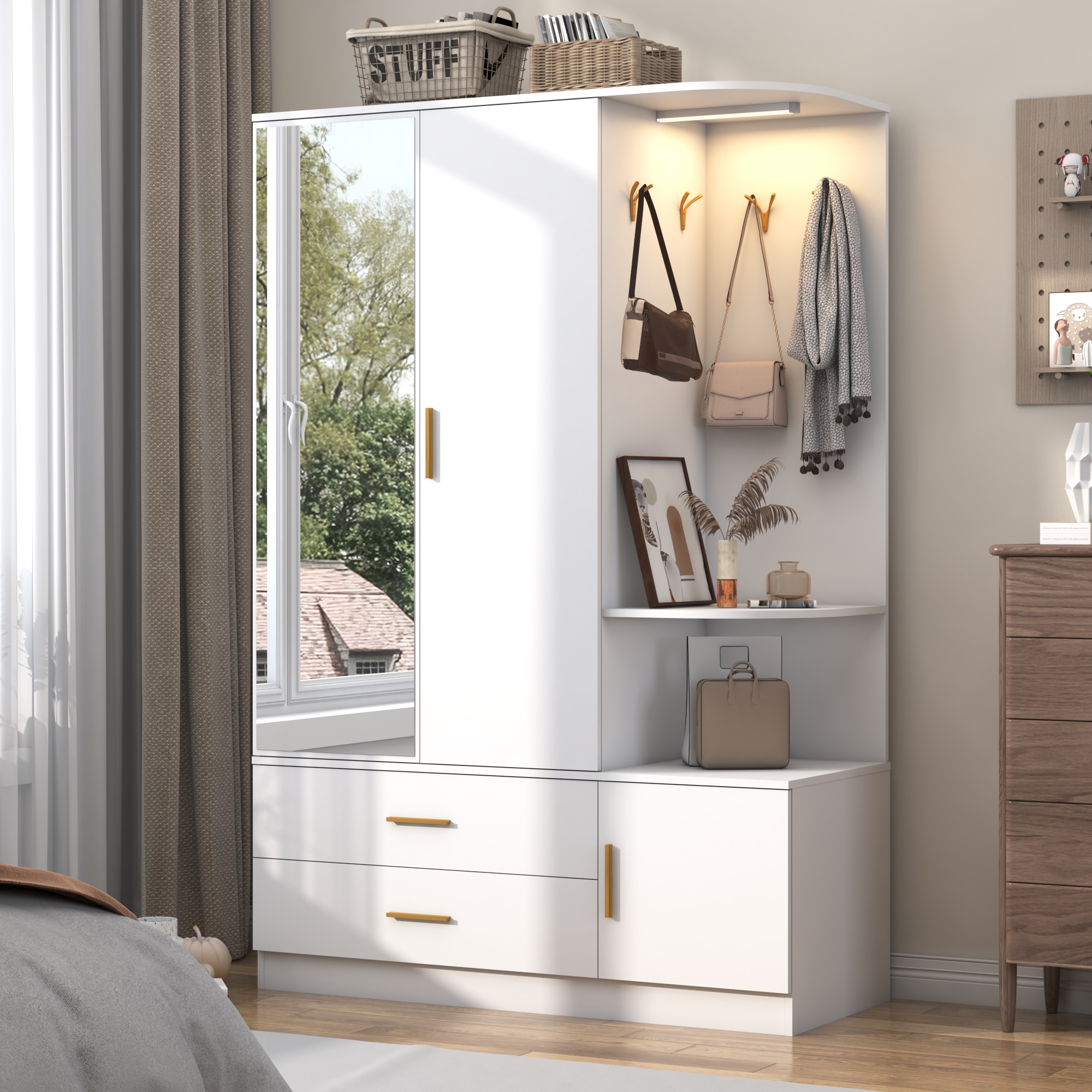 Blotout 2 Door Armoire Wardrobe Closet with Mirror & Sensor Lights, 71'' Large Wardrobe Armoire with 2 Drawers & Shelves, Modern Wooden Armoire Storage with Hanging Rod for Bedroom, White