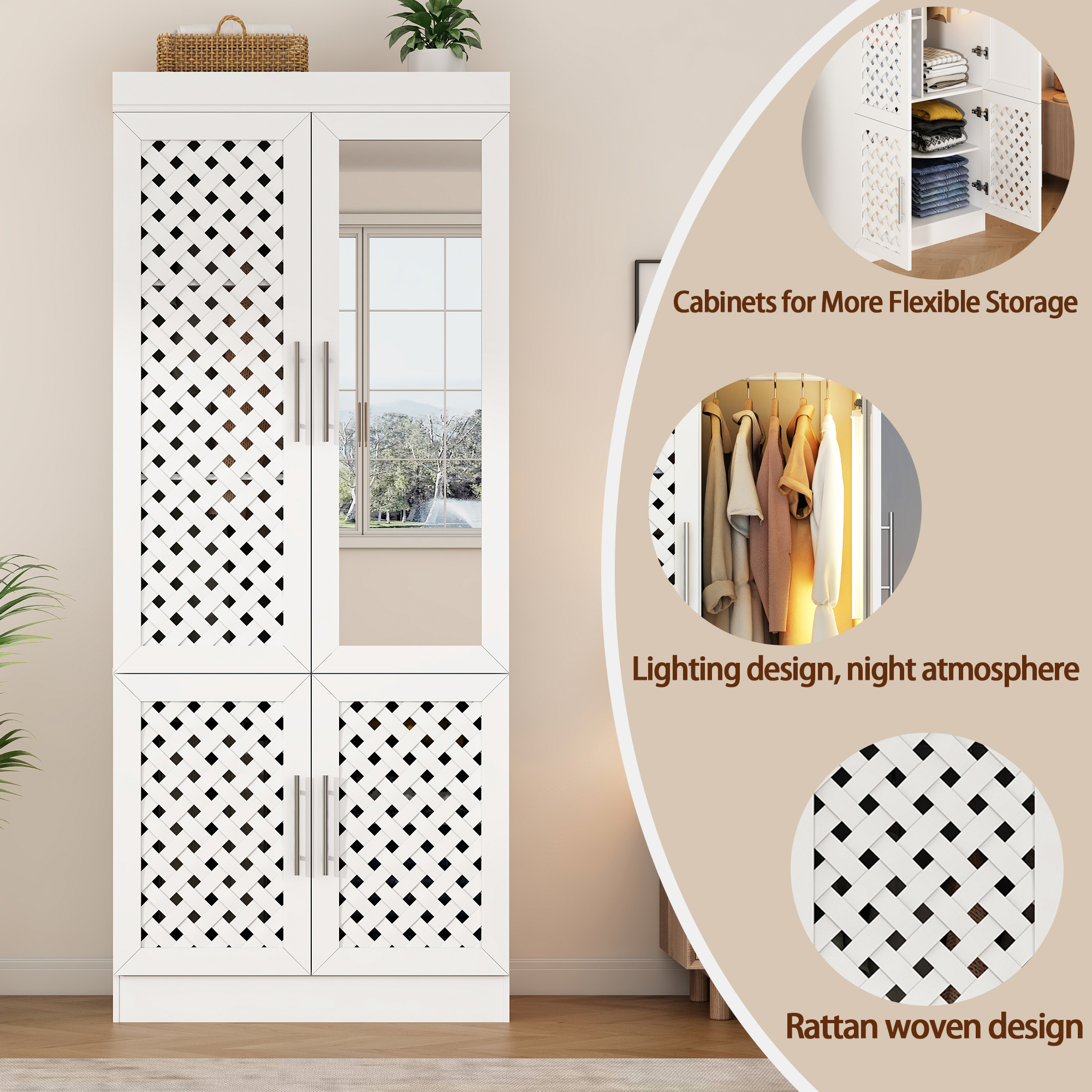 Blotout 75.6''H Armoire Wardrobe Closet with Mirror & Sensor Light, Bedroom Armoire with 3 Woven Doors, Modern Wooden Large Wardrobe Closet with Shelves, Hanging Rod