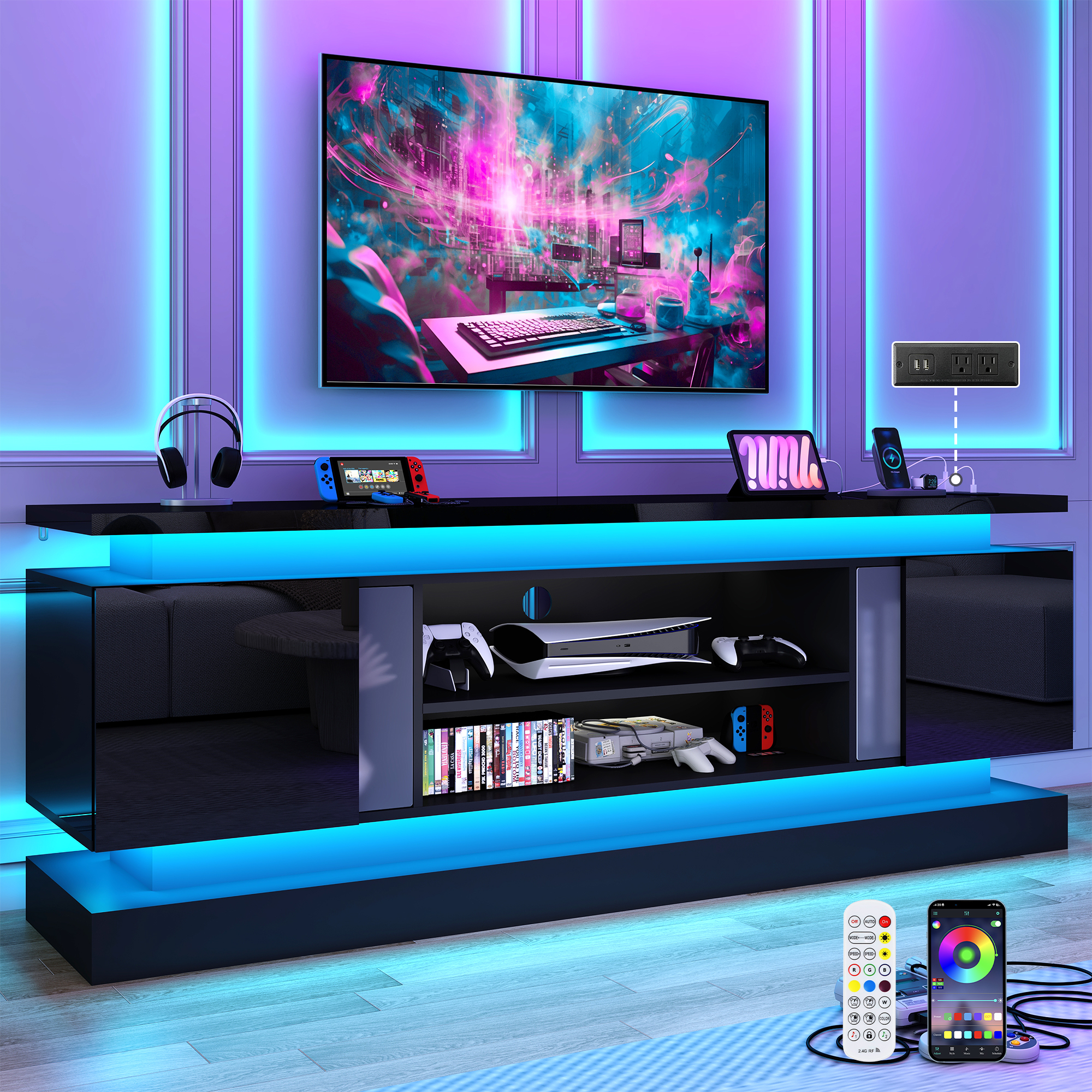 Blotout 71" TV Stand with LED Lights & Power Outlet for 85/80/75 Inch TV, Modern Gaming Entertainment Center with High Gloss Cabinet, Media TV Console for Living Room