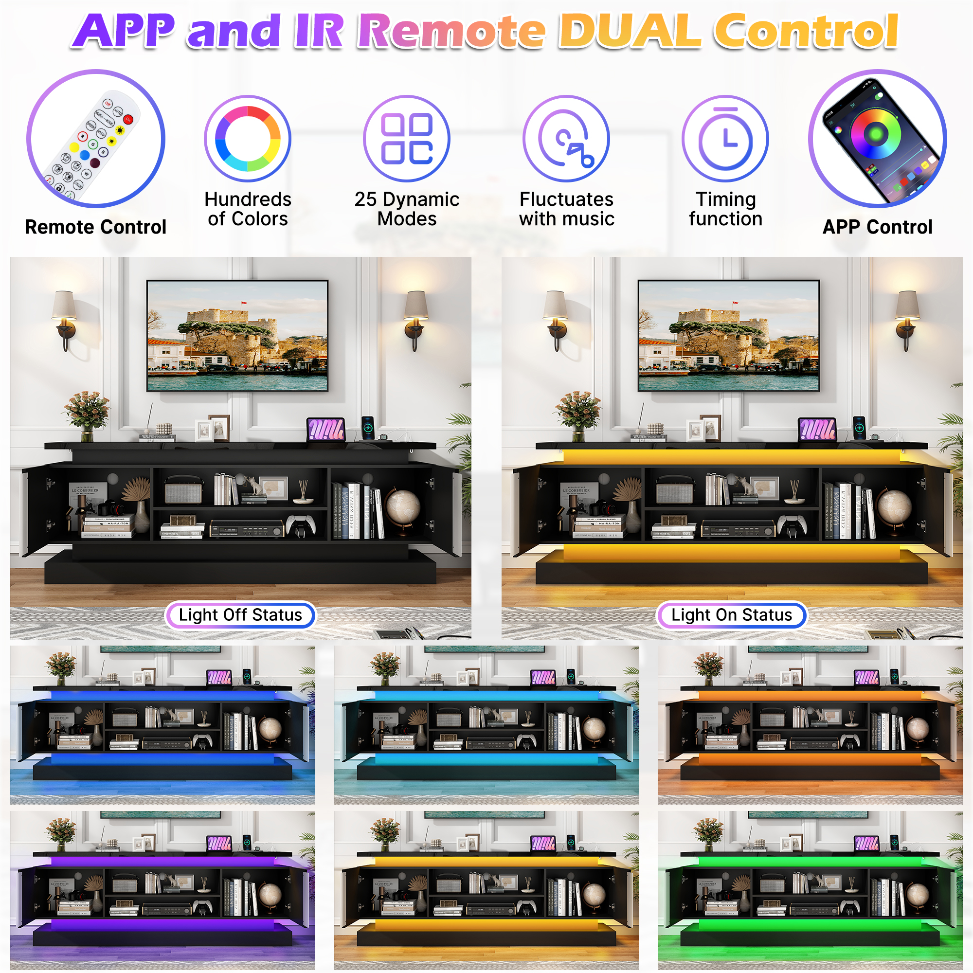 Blotout 71" TV Stand with LED Lights & Power Outlet for 85/80/75 Inch TV, Modern Gaming Entertainment Center with High Gloss Cabinet, Media TV Console for Living Room