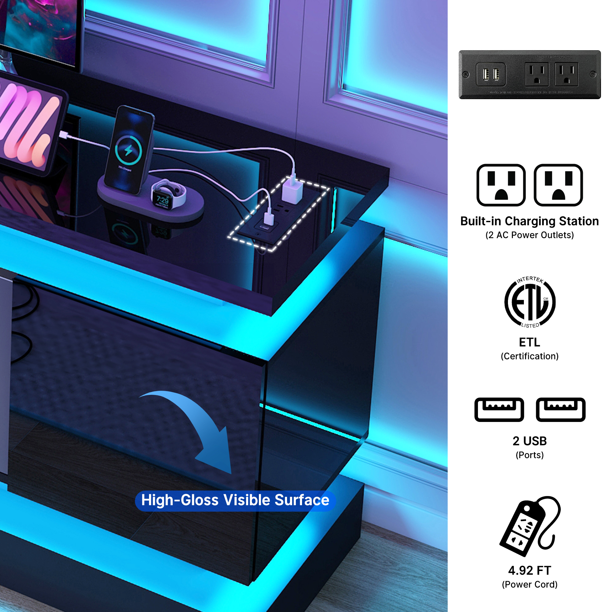 Blotout 71" TV Stand with LED Lights & Power Outlet for 85/80/75 Inch TV, Modern Gaming Entertainment Center with High Gloss Cabinet, Media TV Console for Living Room