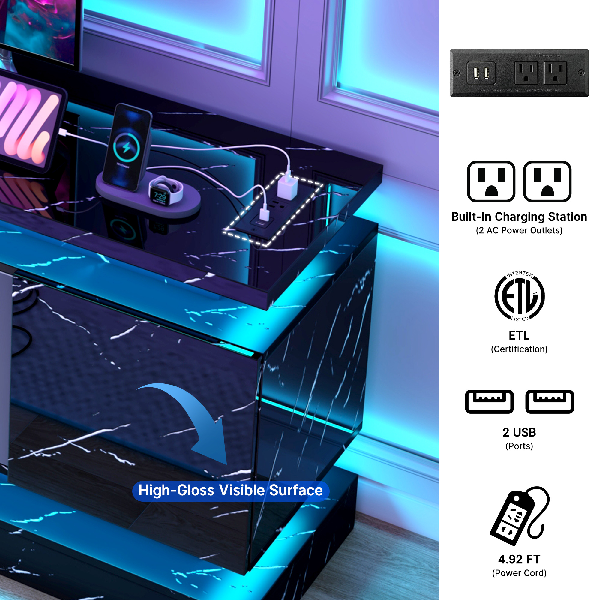 Blotout 71" TV Stand with LED Lights & Power Outlet for 85/80/75 Inch TV, Modern Gaming Entertainment Center with High Gloss Cabinet, Media TV Console for Living Room (Marble)