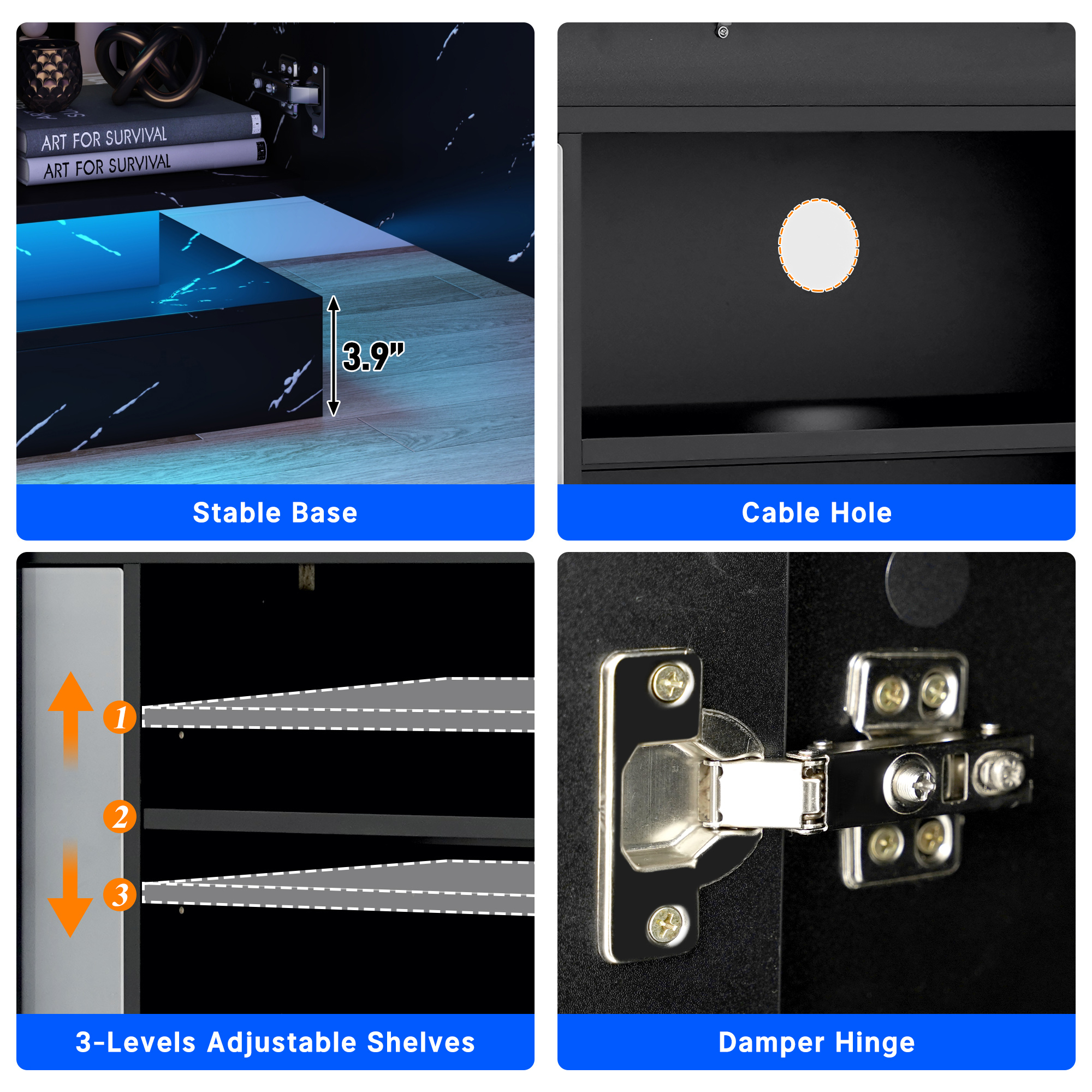 Blotout 71" TV Stand with LED Lights & Power Outlet for 85/80/75 Inch TV, Modern Gaming Entertainment Center with High Gloss Cabinet, Media TV Console for Living Room (Marble)