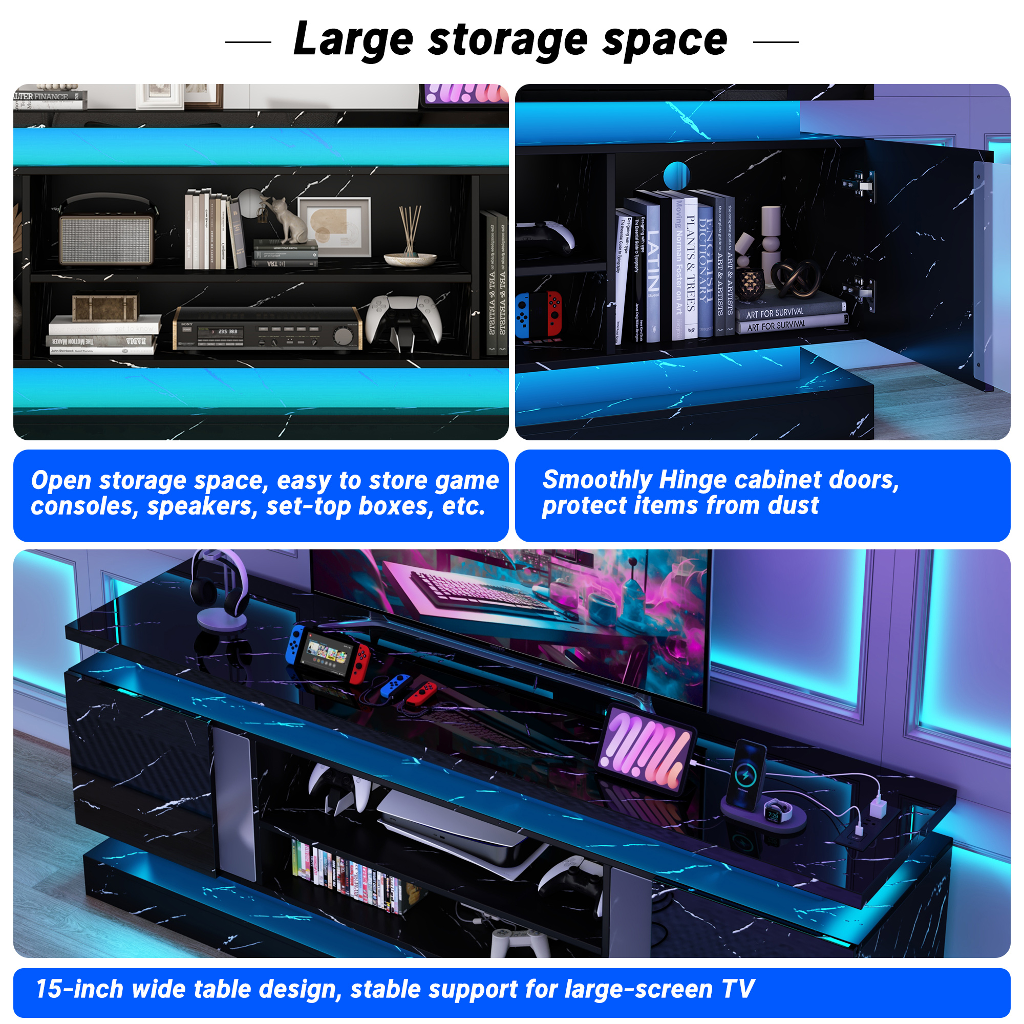Blotout 71" TV Stand with LED Lights & Power Outlet for 85/80/75 Inch TV, Modern Gaming Entertainment Center with High Gloss Cabinet, Media TV Console for Living Room (Marble)