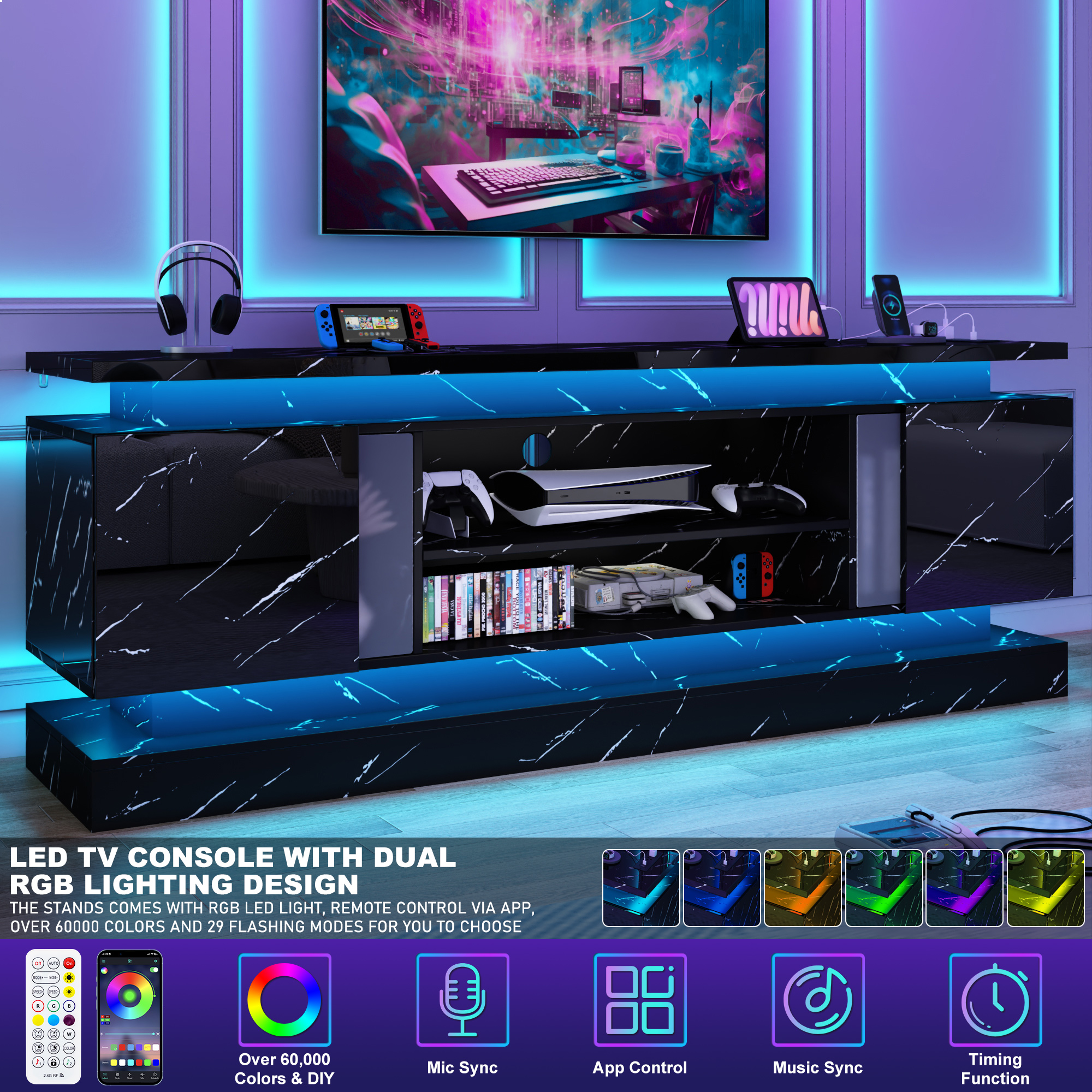 Blotout 71" TV Stand with LED Lights & Power Outlet for 85/80/75 Inch TV, Modern Gaming Entertainment Center with High Gloss Cabinet, Media TV Console for Living Room (Marble)