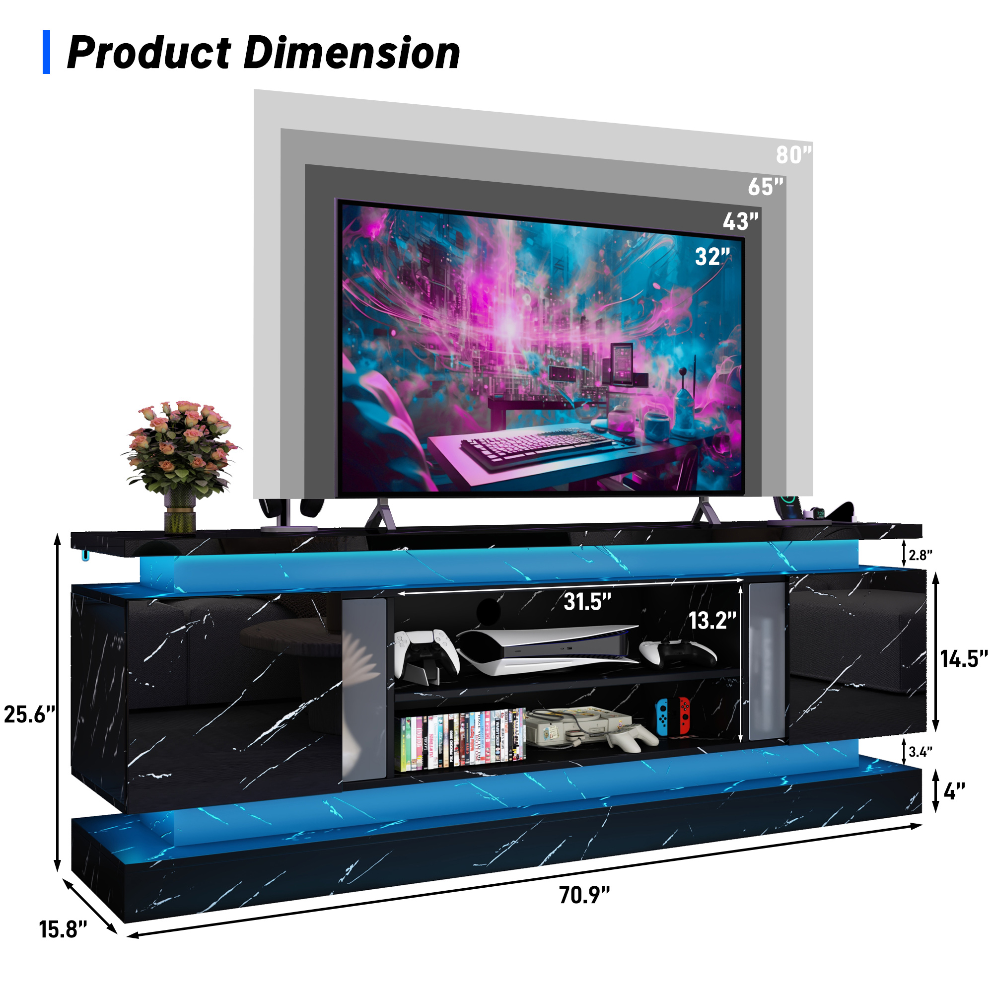 Blotout 71" TV Stand with LED Lights & Power Outlet for 85/80/75 Inch TV, Modern Gaming Entertainment Center with High Gloss Cabinet, Media TV Console for Living Room (Marble)