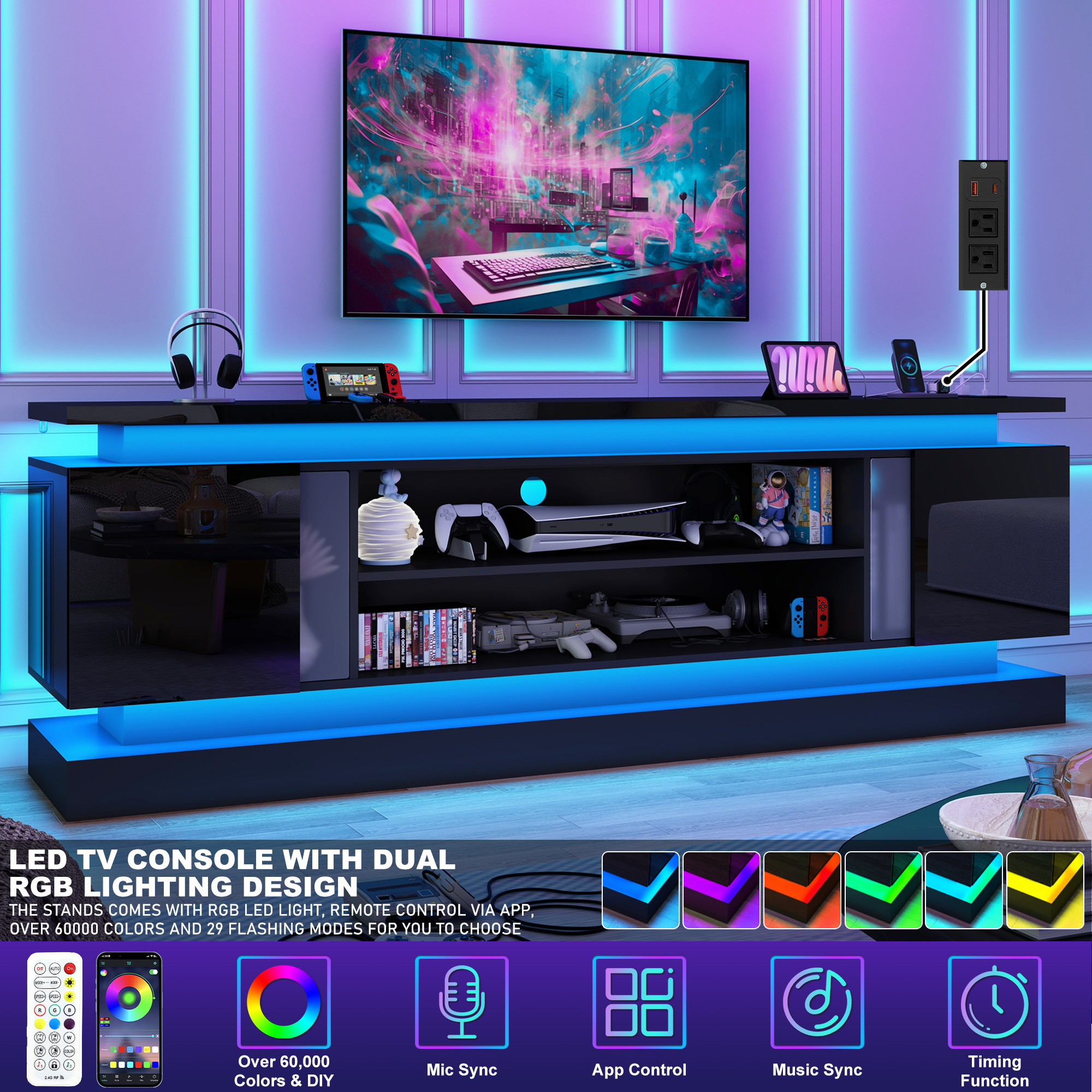 Blotout 81" TV Stand with LED Lights & Power Outlet for 90/85/80 Inch TV, Modern Gaming Entertainment Center with High Gloss Cabinet, Media TV Console for Living Room