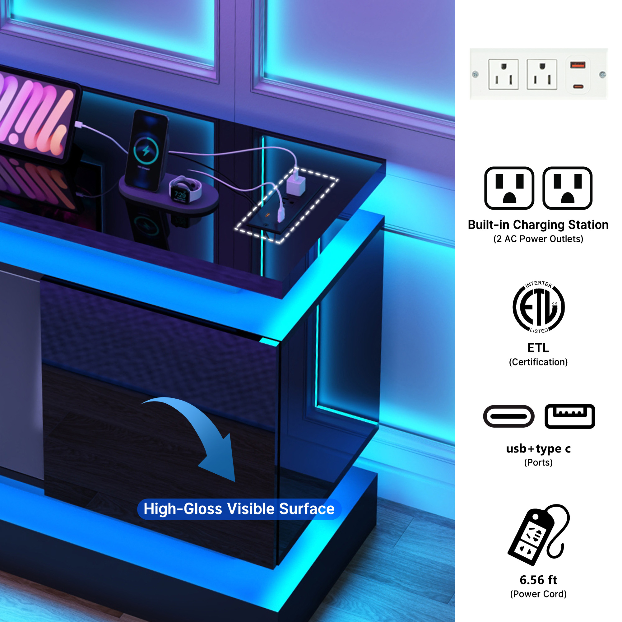 Blotout 81" TV Stand with LED Lights & Power Outlet for 90/85/80 Inch TV, Modern Gaming Entertainment Center with High Gloss Cabinet, Media TV Console for Living Room