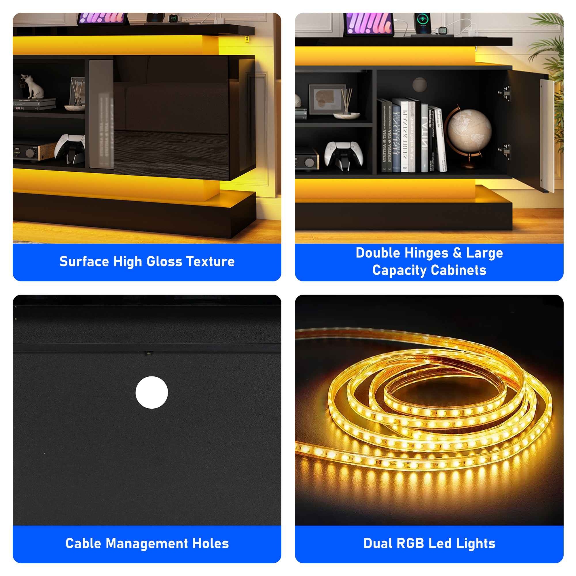 Blotout 81" TV Stand with LED Lights & Power Outlet for 90/85/80 Inch TV, Modern Gaming Entertainment Center with High Gloss Cabinet, Media TV Console for Living Room