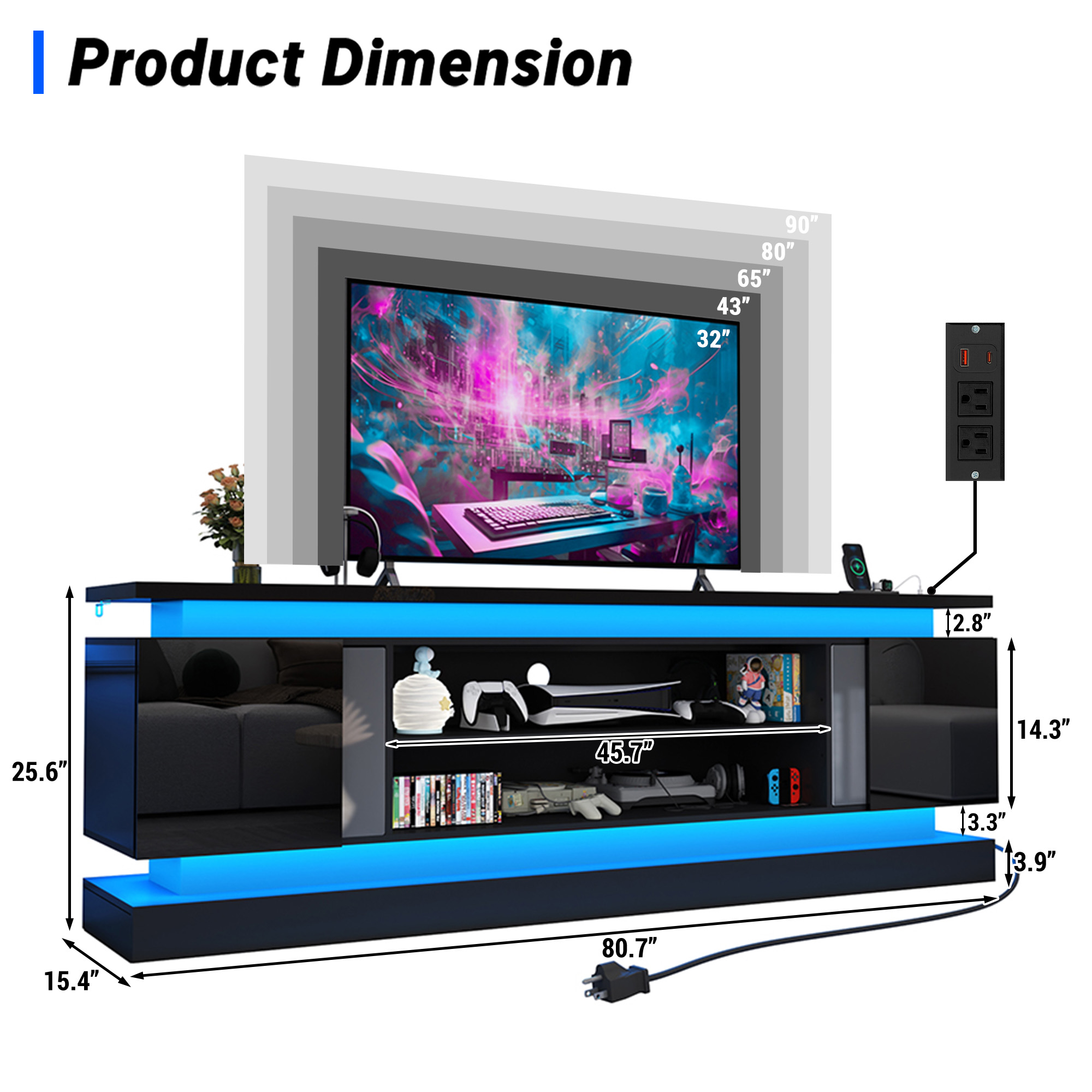 Blotout 81" TV Stand with LED Lights & Power Outlet for 90/85/80 Inch TV, Modern Gaming Entertainment Center with High Gloss Cabinet, Media TV Console for Living Room