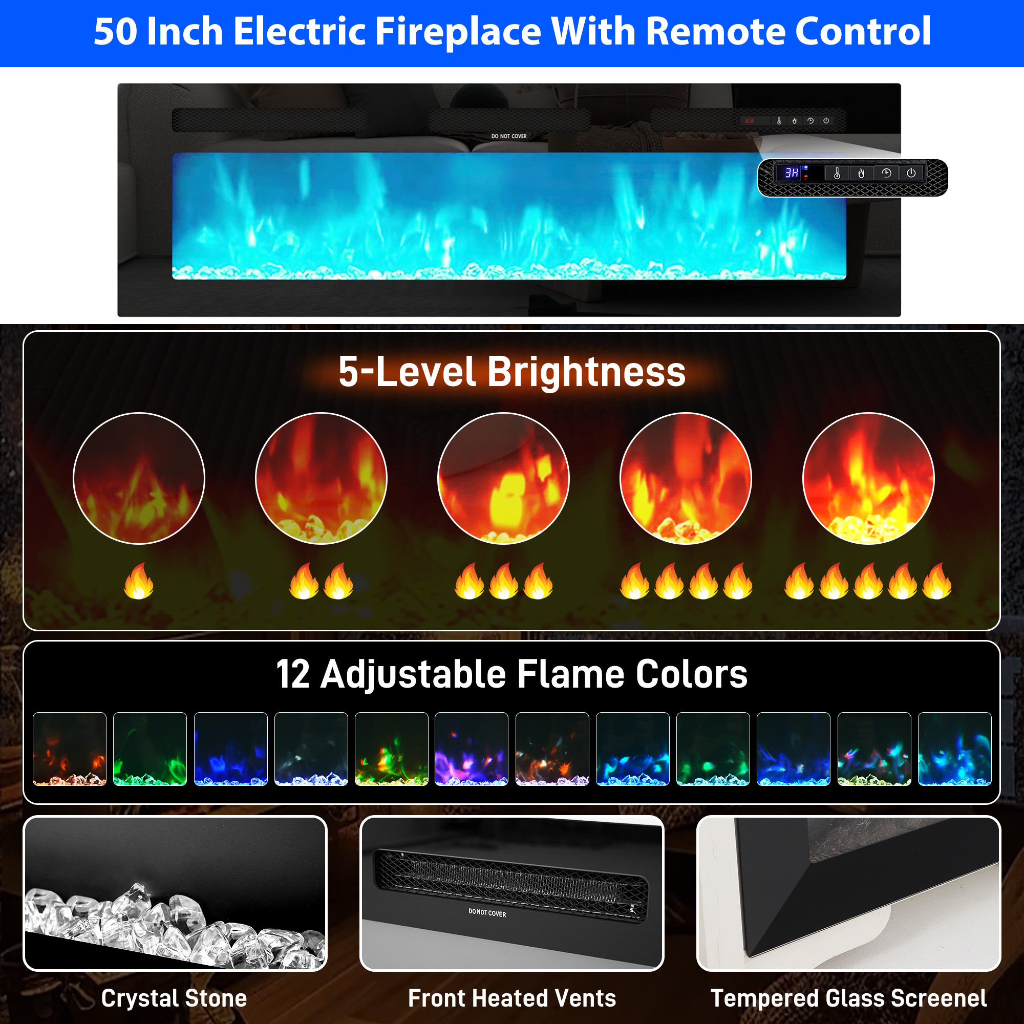 Blotout 81" Fireplace TV Stand with 50" Fireplace, LED Lights & Power Outlet for 90/85/80 Inch TV, Modern Gaming Entertainment Center with High Gloss Cabinet, Media TV Console for Living Room