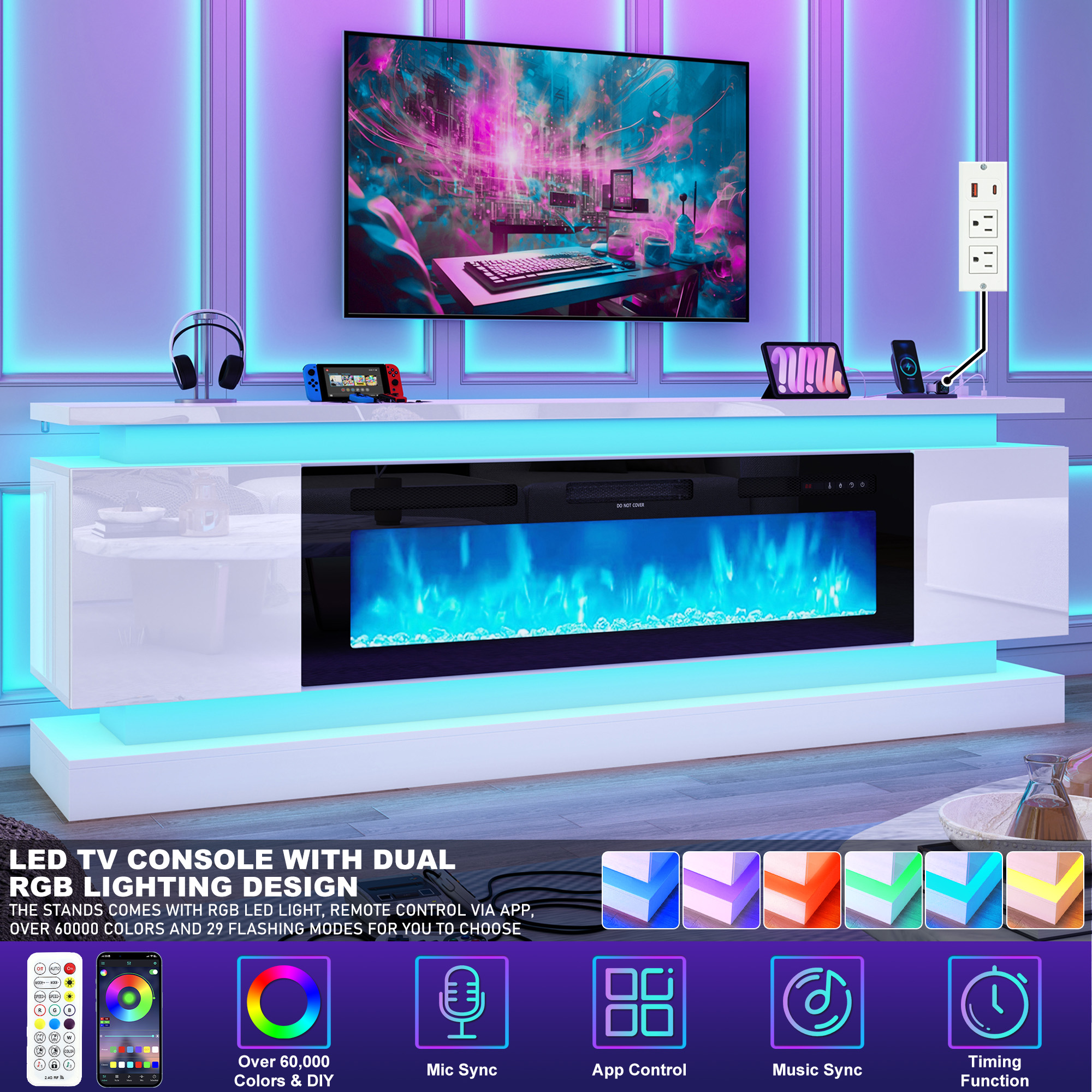 Blotout 81" Fireplace TV Stand with 50" Fireplace, LED Lights & Power Outlet for 90/85/80 Inch TV, Modern Gaming Entertainment Center with High Gloss Cabinet, Media TV Console for Living Room