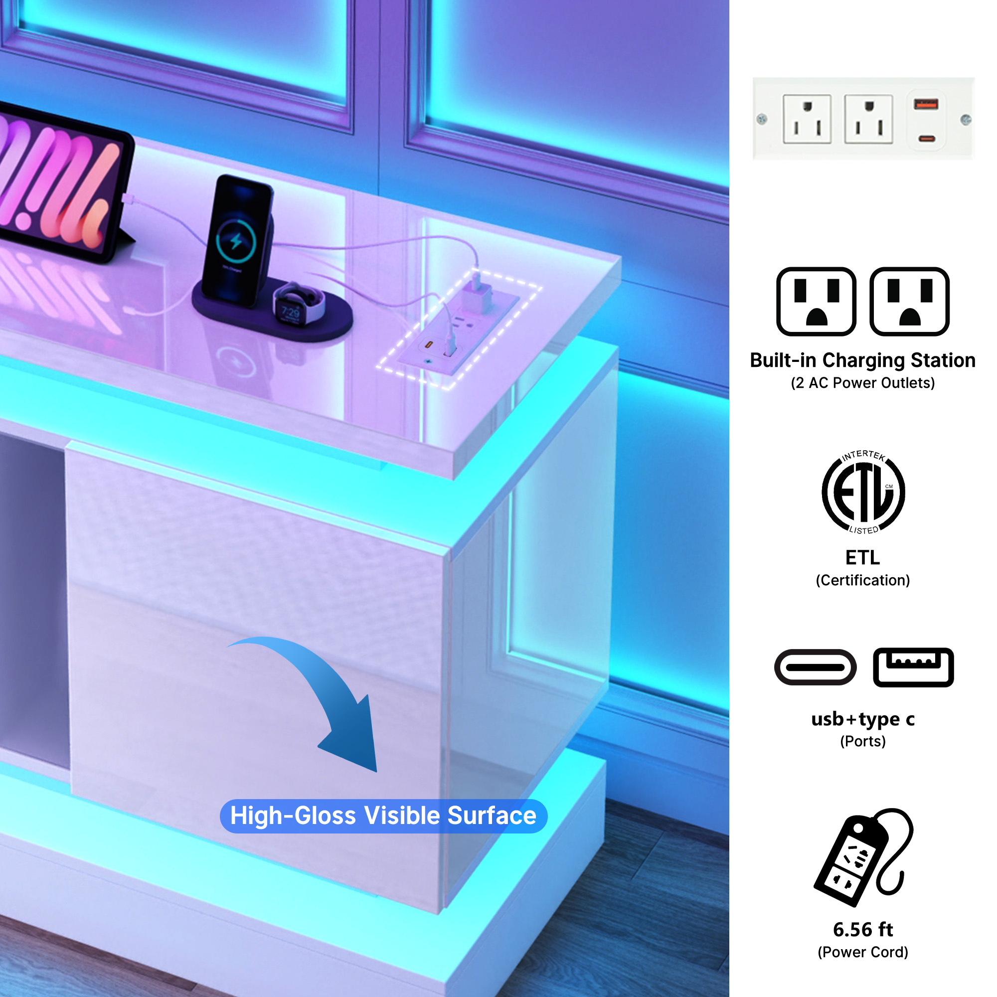 Blotout 81" TV Stand with LED Lights & Power Outlet for 90/85/80 Inch TV, Modern Gaming Entertainment Center with High Gloss Cabinet, Media TV Console for Living Room