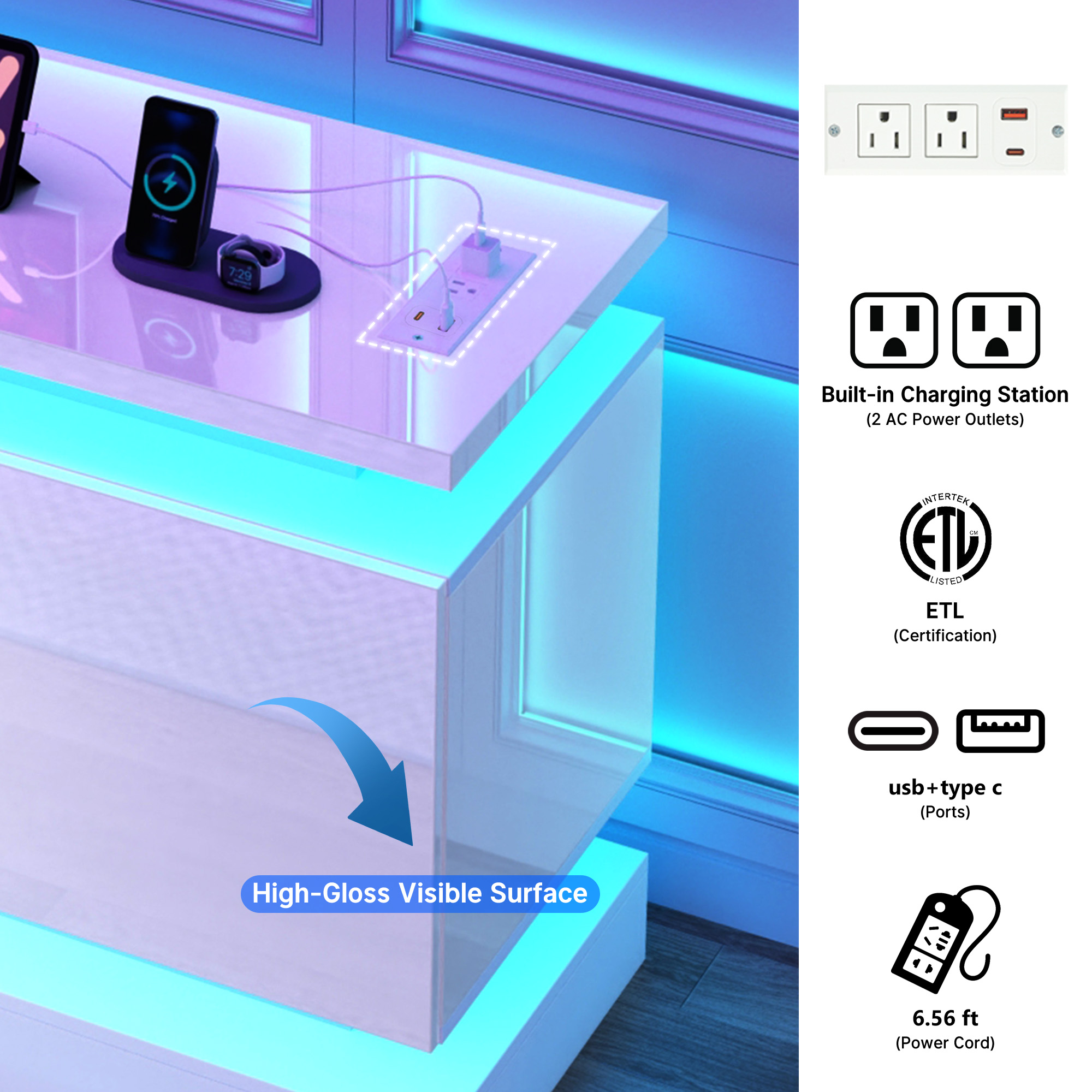 Blotout 81" Fireplace TV Stand with 50" Fireplace, LED Lights & Power Outlet for 90/85/80 Inch TV, Modern Gaming Entertainment Center with High Gloss Cabinet, Media TV Console for Living Room